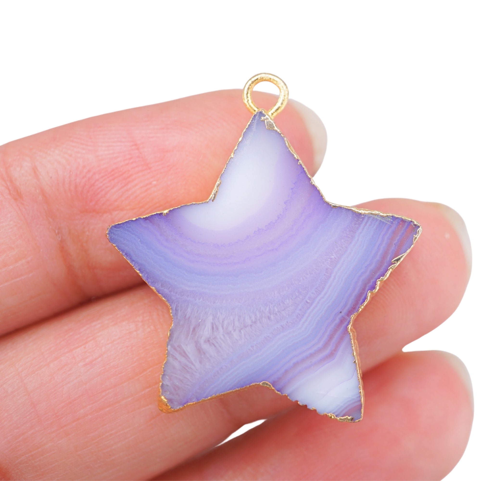 Blue Banded Agate Chalcedony Star Shape Gemstone Gold Electroplated Charm Pendant