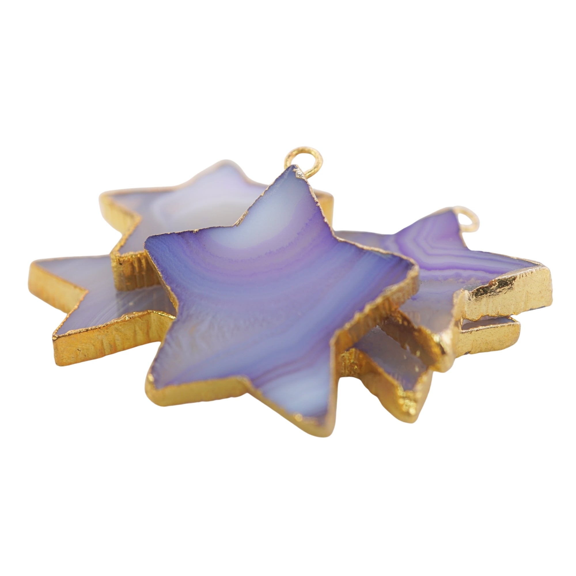 Blue Banded Agate Chalcedony Star Shape Gemstone Gold Electroplated Charm Pendant