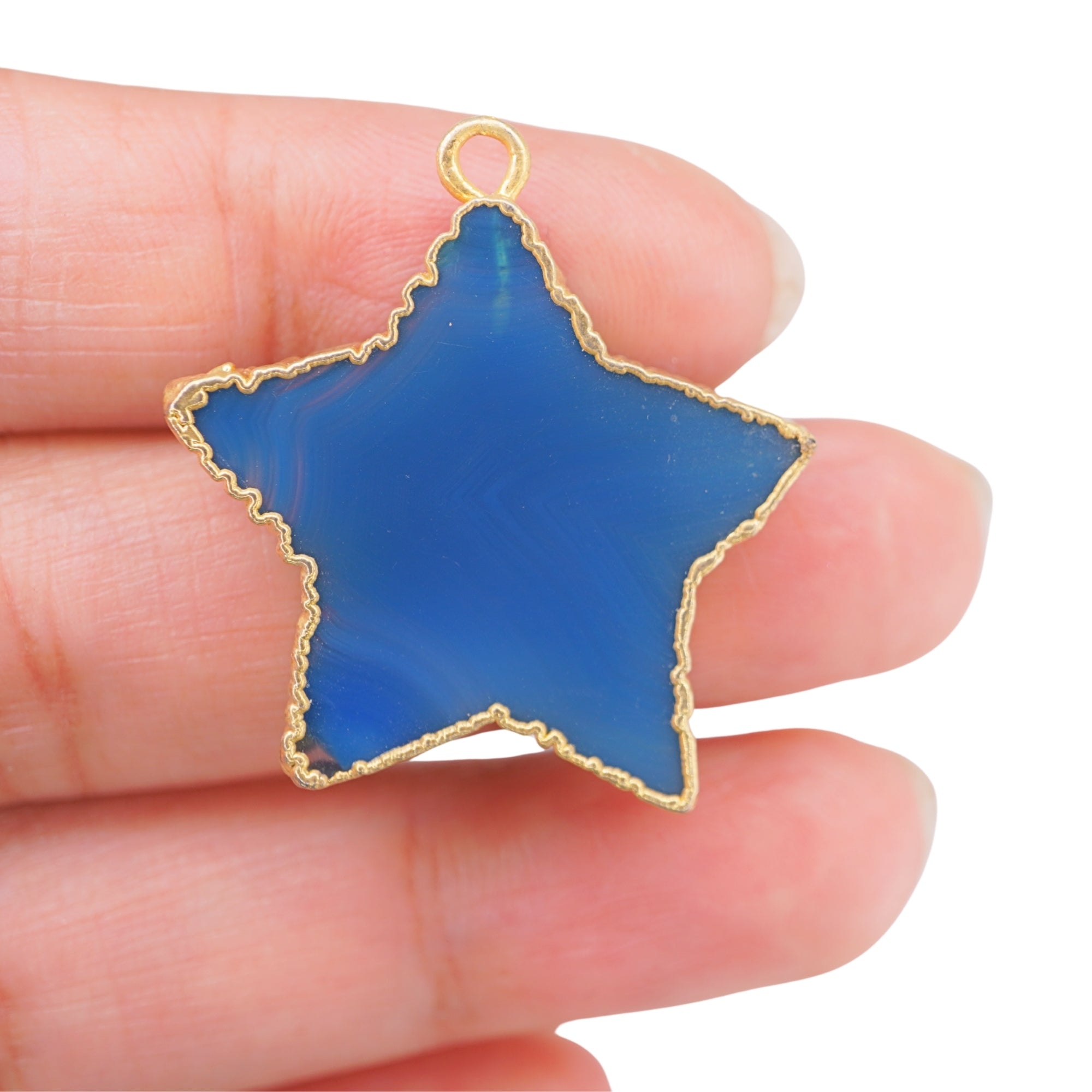 Persian Blue Banded Agate Flat Star Shape Gemstone Gold Electroplated Charm Pendant