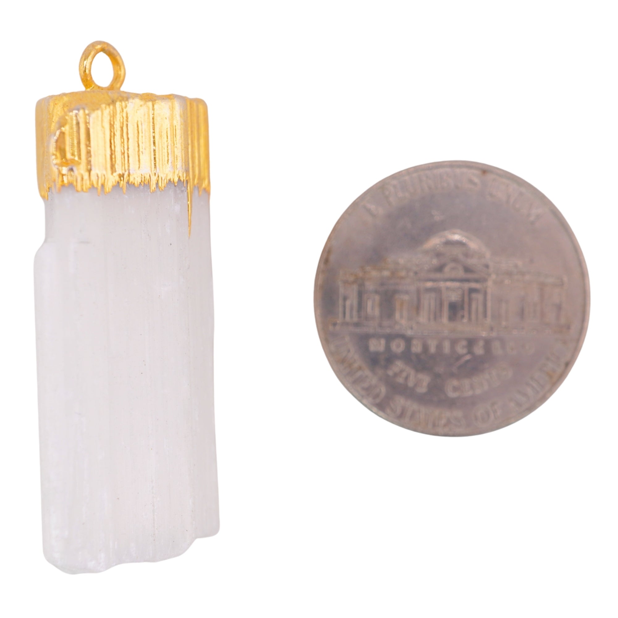 Selenite Raw Chunk Capped Gemstone Gold Electroplated Charm Pendant