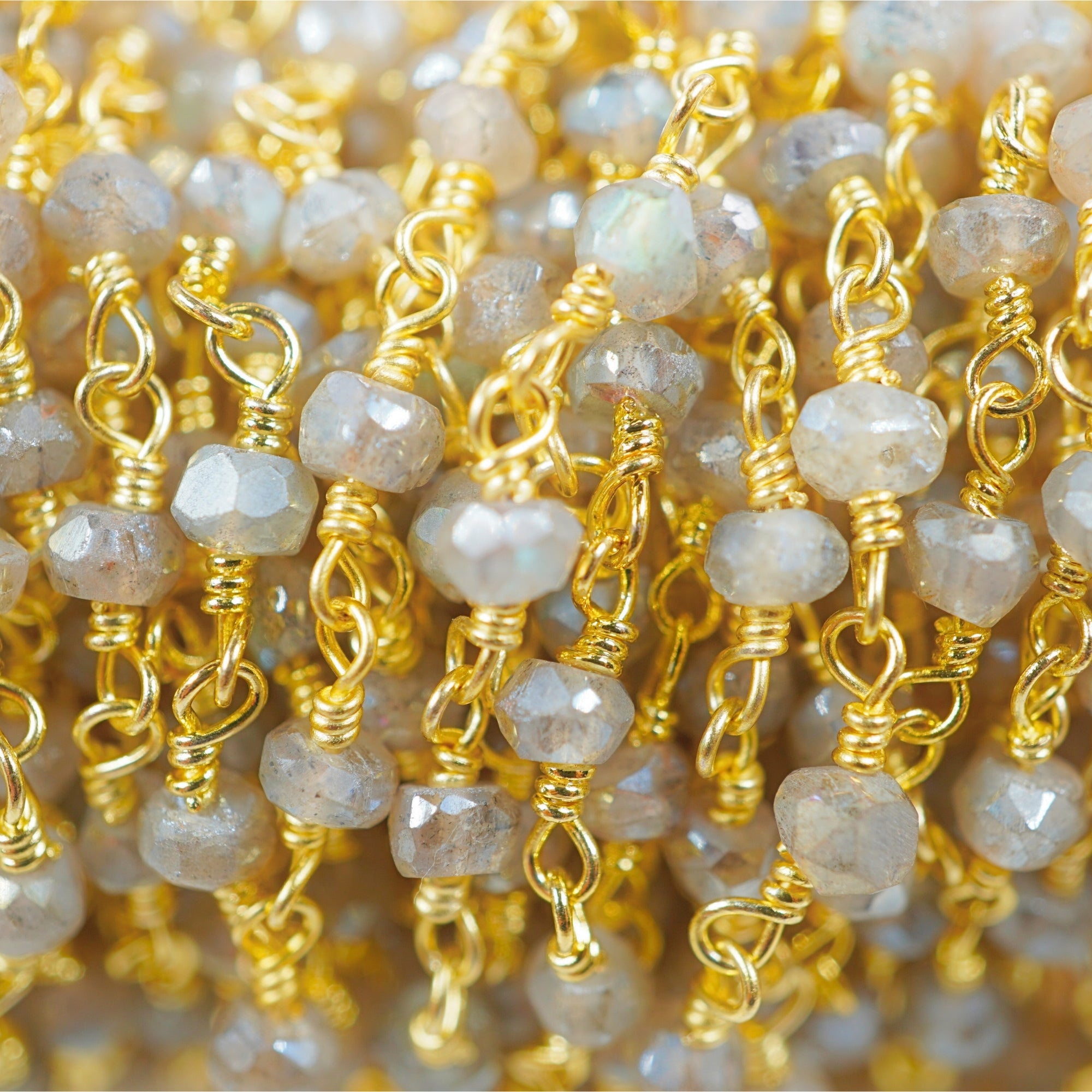 Mystic Coated Labradorite Gemstone Gold Plated Brass Wire Wrapped Rosary Chain Beads