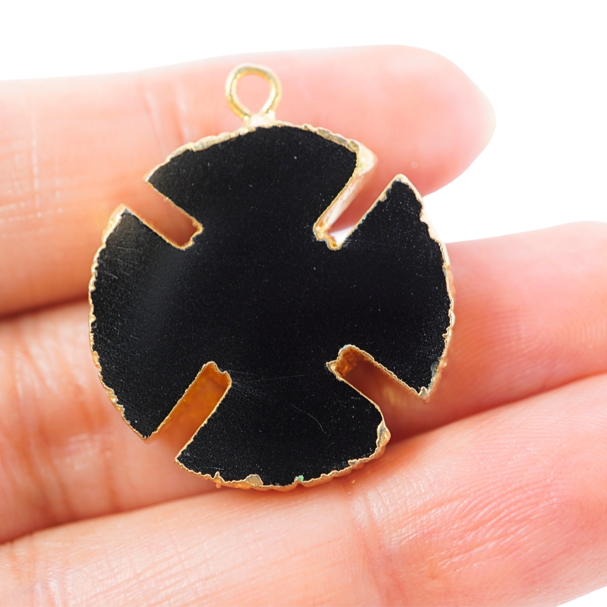 Black Onyx Smooth Viking Cross Shape Gemstone Gold Electroplated Charm Pendant