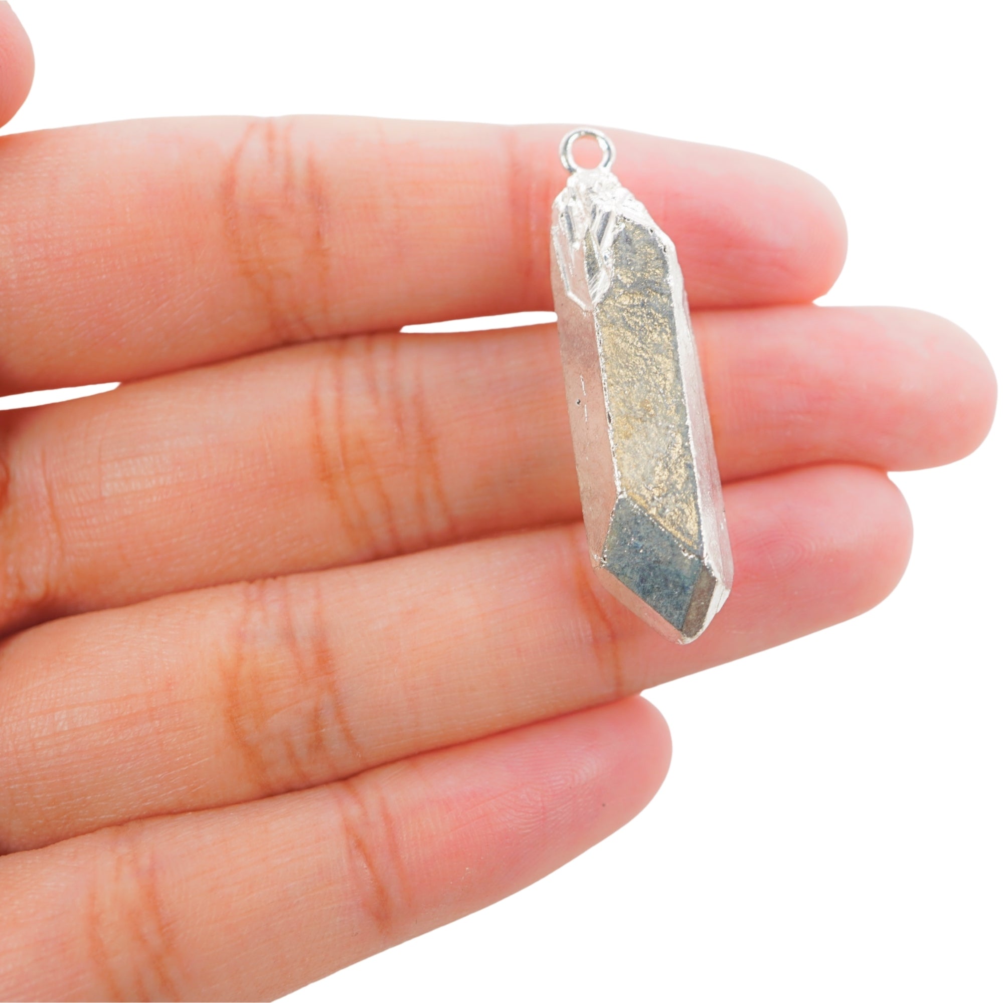 Crystal Quartz Point Pencil Shape Gemstone Full Silver Electroplated Charm Pendant For Jewelry Making