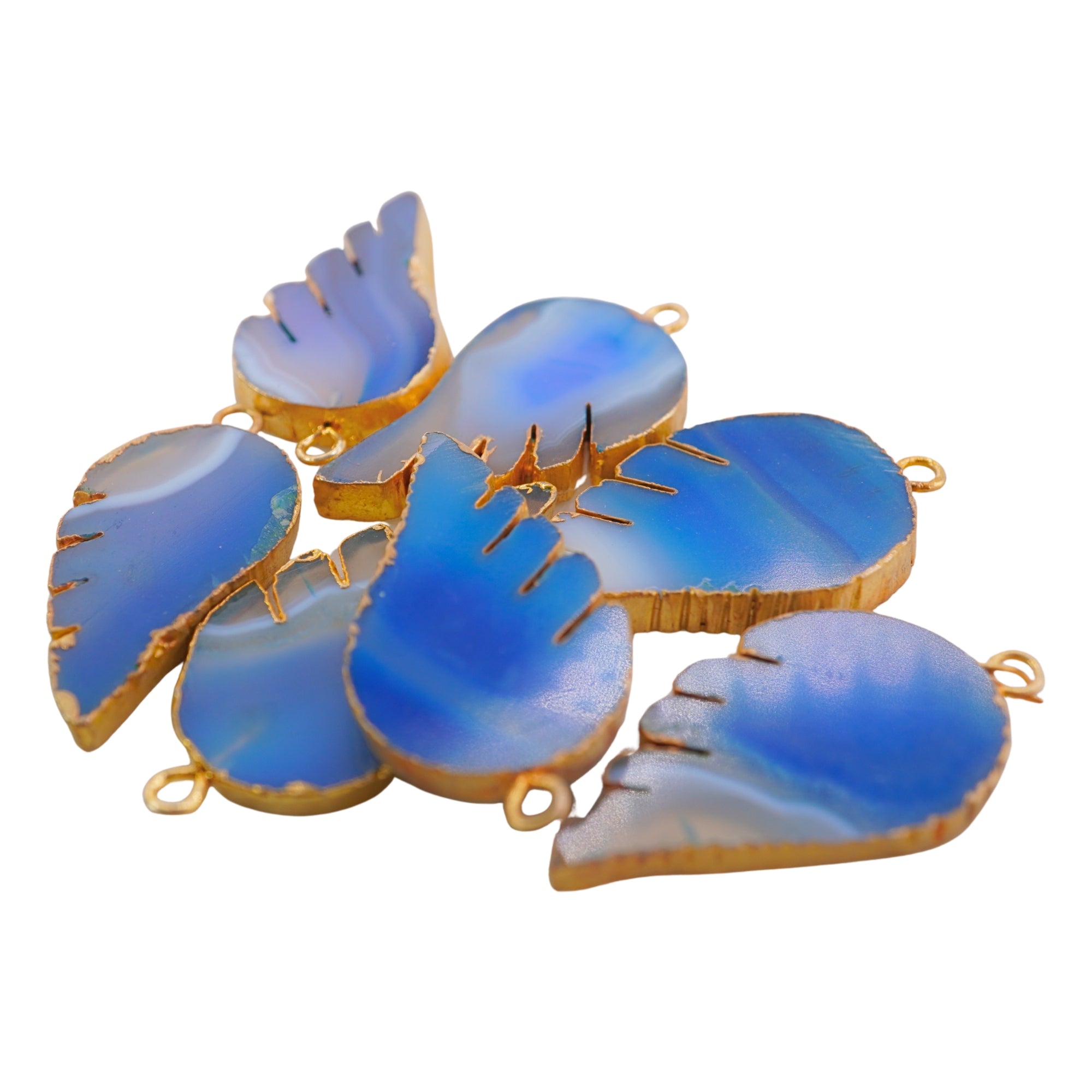 Blue Banded Agate Smooth Angel Wing Gemstone Gold Electroplated Charm Pendant