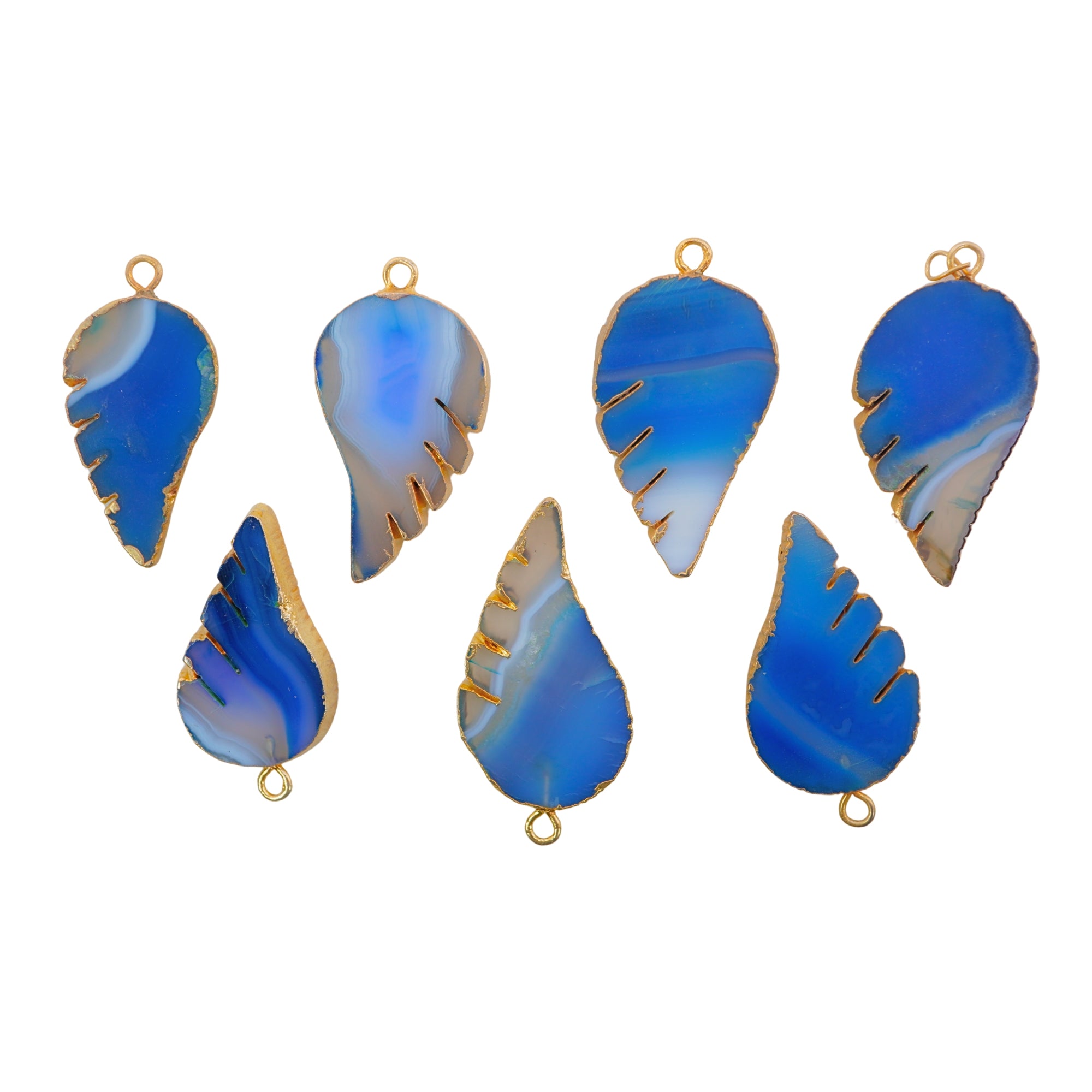 Blue Banded Agate Smooth Angel Wing Gemstone Gold Electroplated Charm Pendant