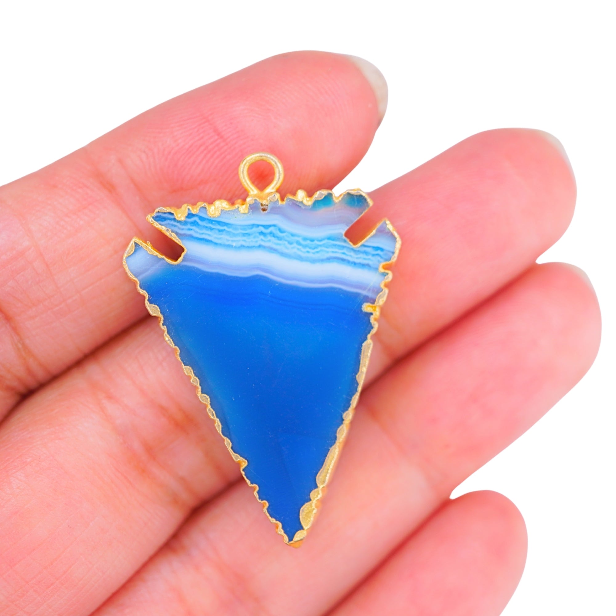 Blue Banded Agate Chalcedony Arrowhead Gemstone Gold Electroplated Charm Pendant