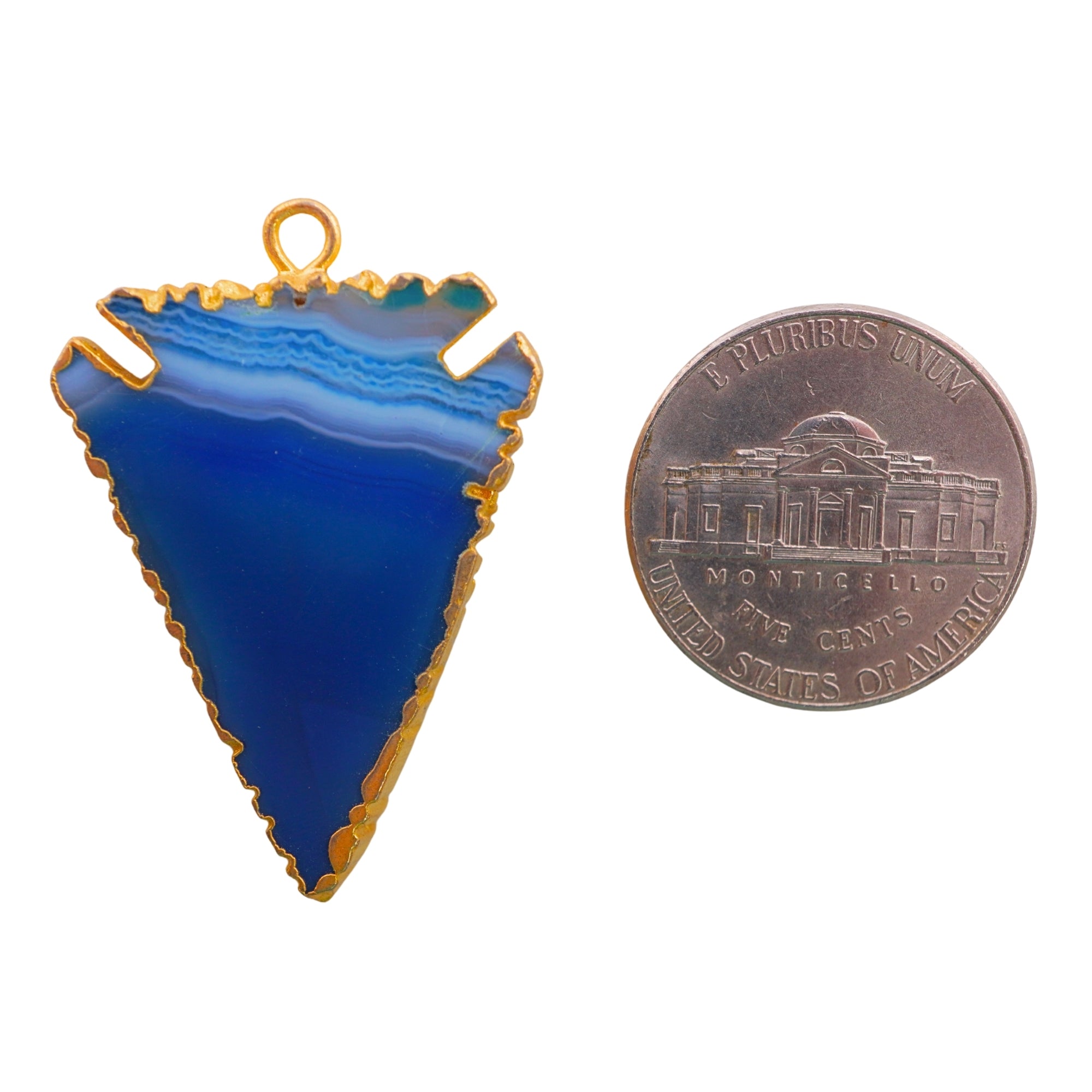 Blue Banded Agate Chalcedony Arrowhead Gemstone Gold Electroplated Charm Pendant