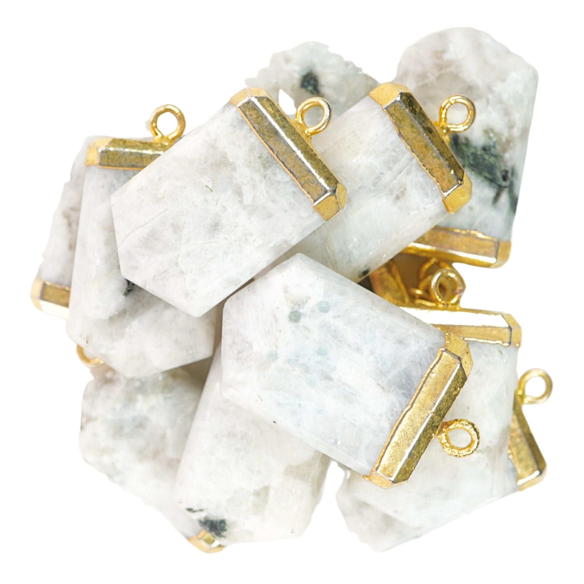 Rainbow Moonstone Small Flat Pencil Gold Electroplated Charm Pendant