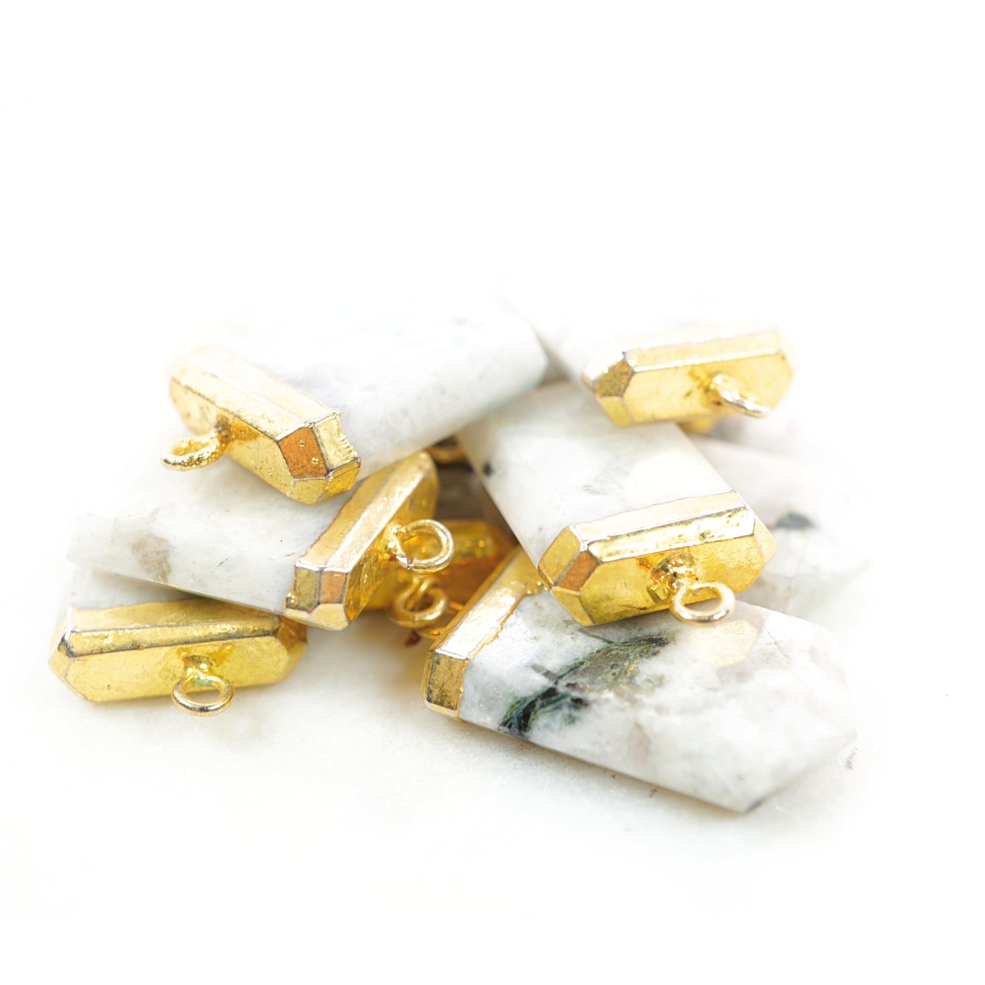 Rainbow Moonstone Small Flat Pencil Gold Electroplated Charm Pendant