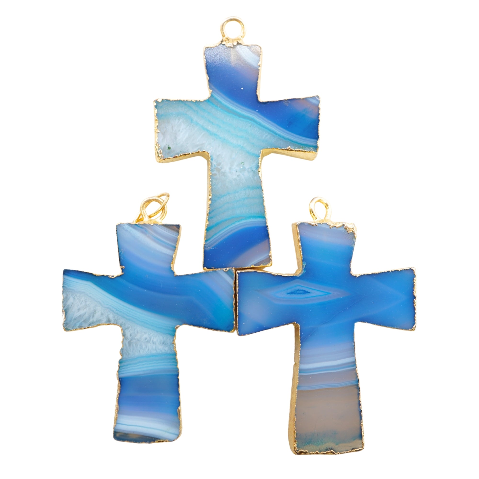 Persian Blue Banded Agate Chalcedony Cross Gemstone Gold Electroplate Charm Pendant