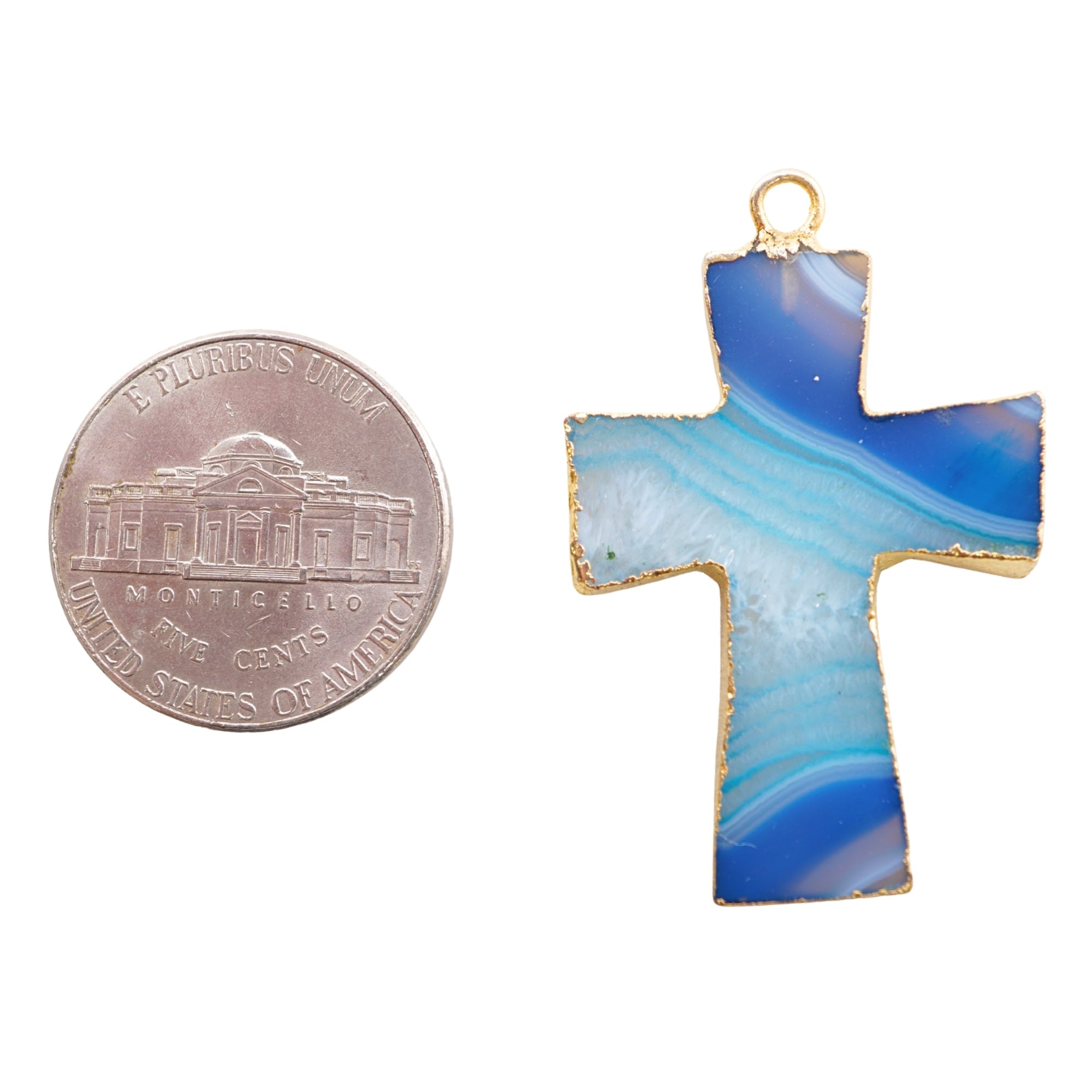Persian Blue Banded Agate Chalcedony Cross Gemstone Gold Electroplate Charm Pendant