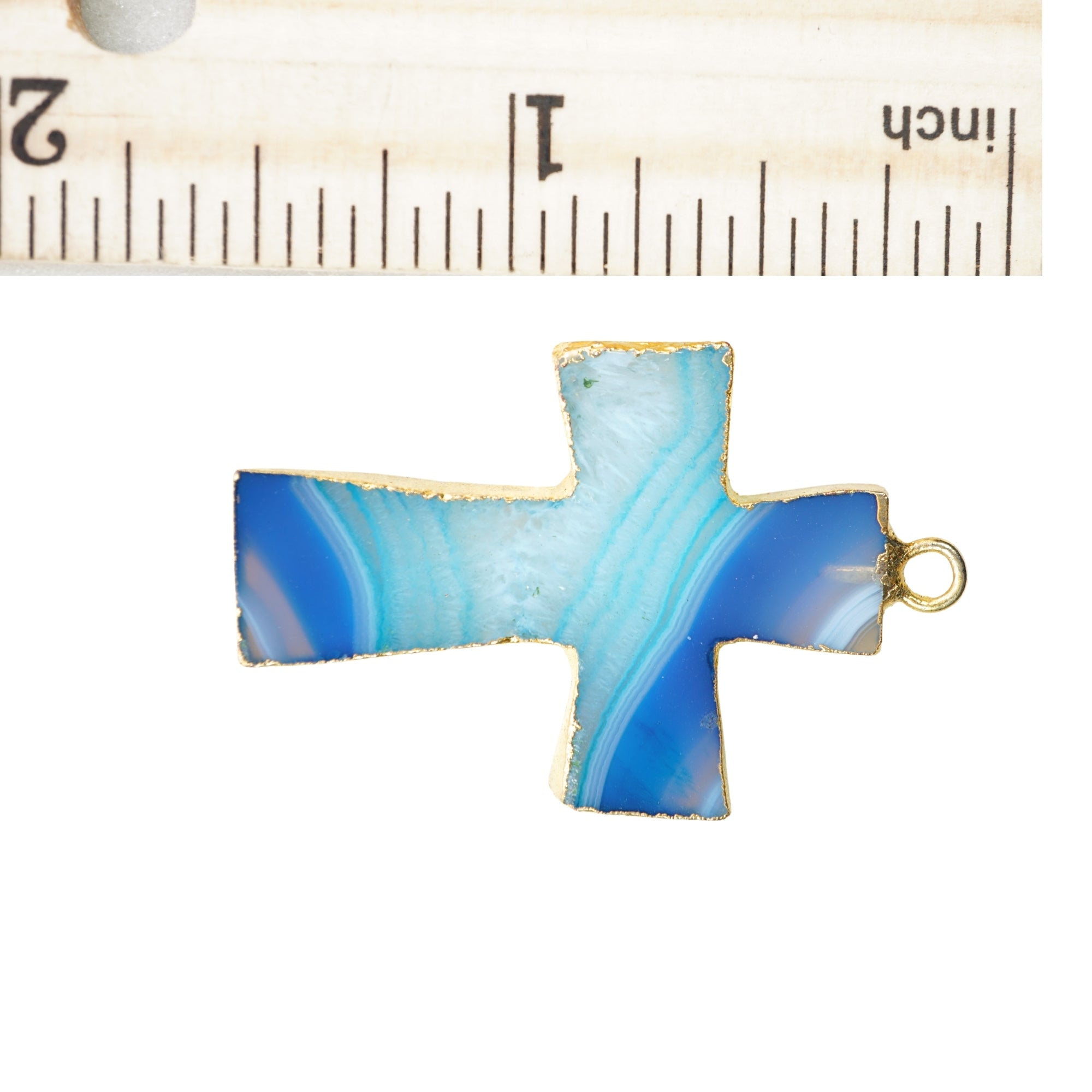Persian Blue Banded Agate Chalcedony Cross Gemstone Gold Electroplate Charm Pendant