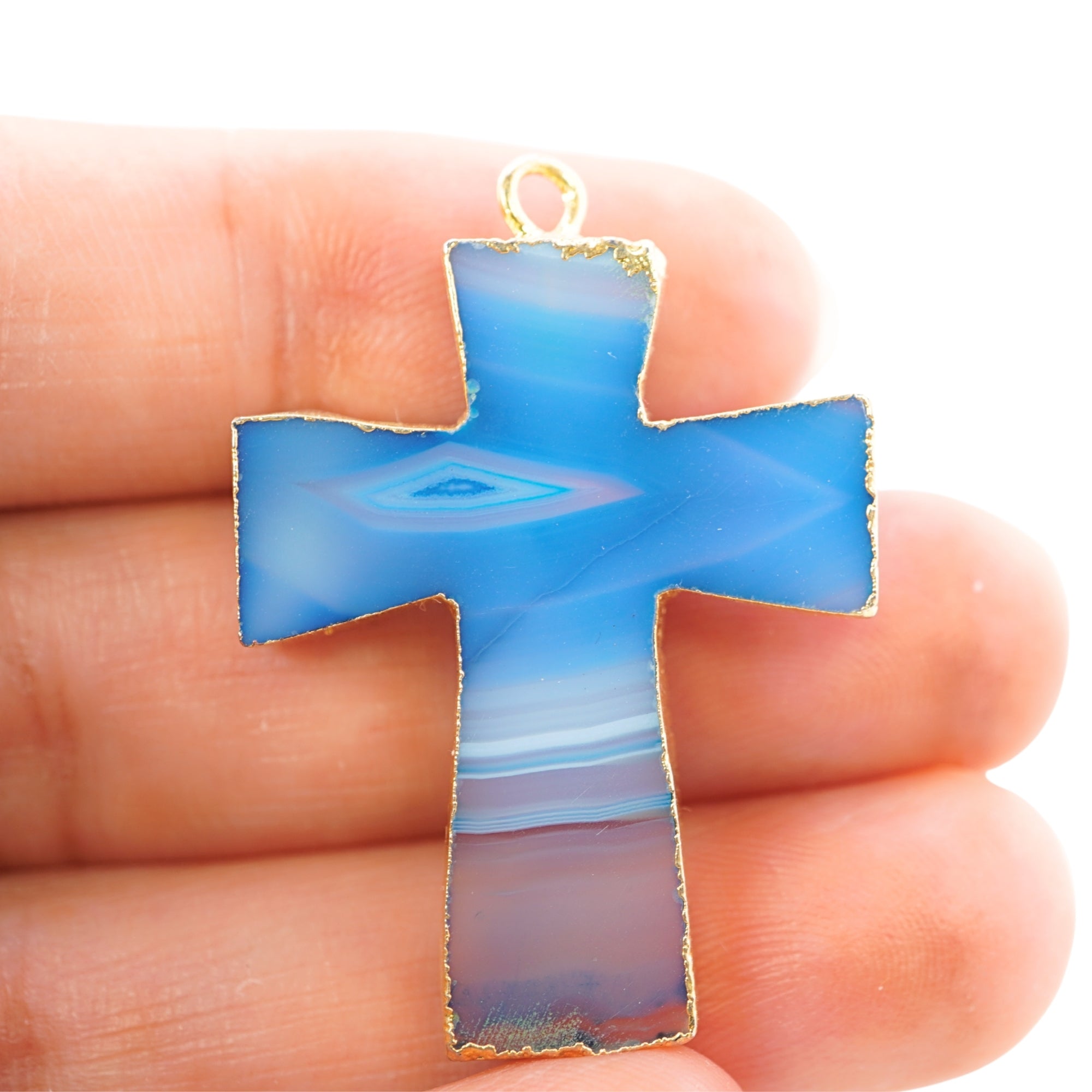 Persian Blue Banded Agate Chalcedony Cross Gemstone Gold Electroplate Charm Pendant