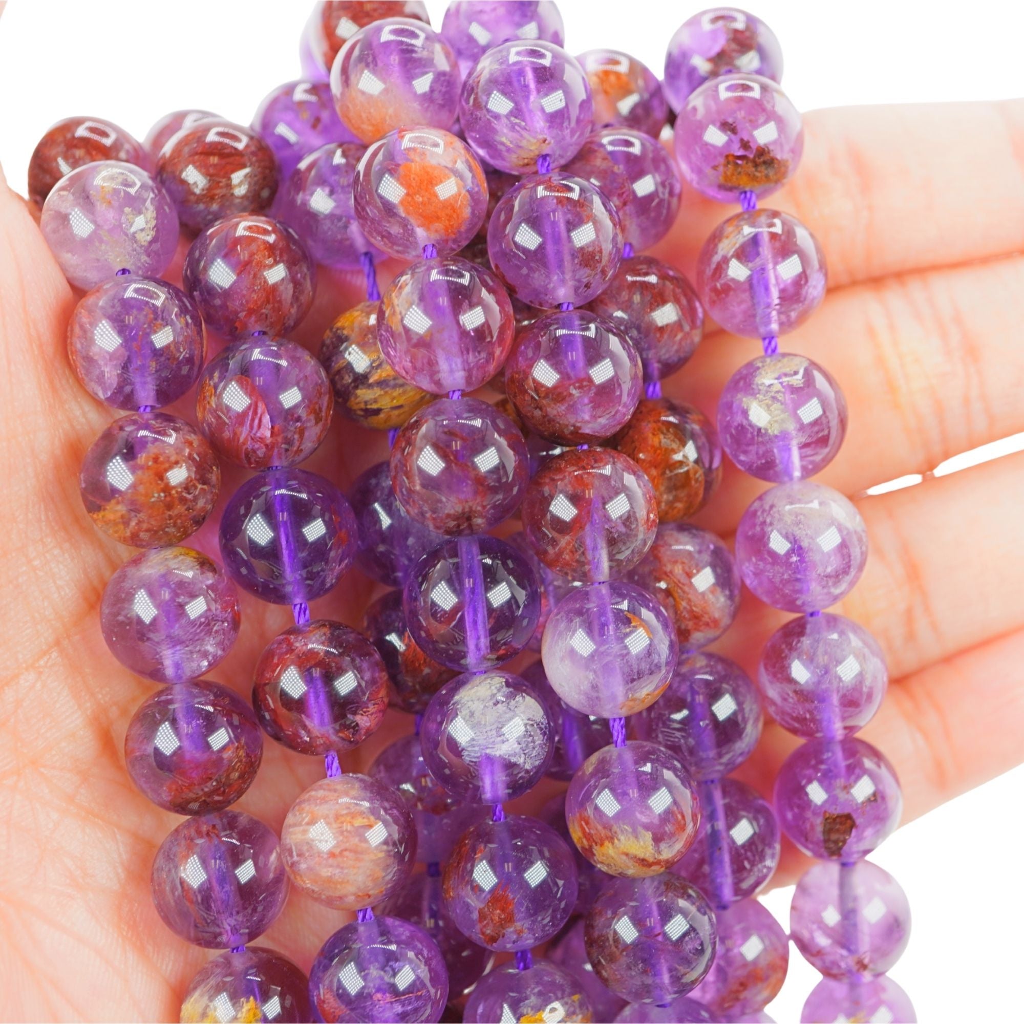 10 MM Phantom Amethyst Round Shape Smooth Gemstone Beads Strand