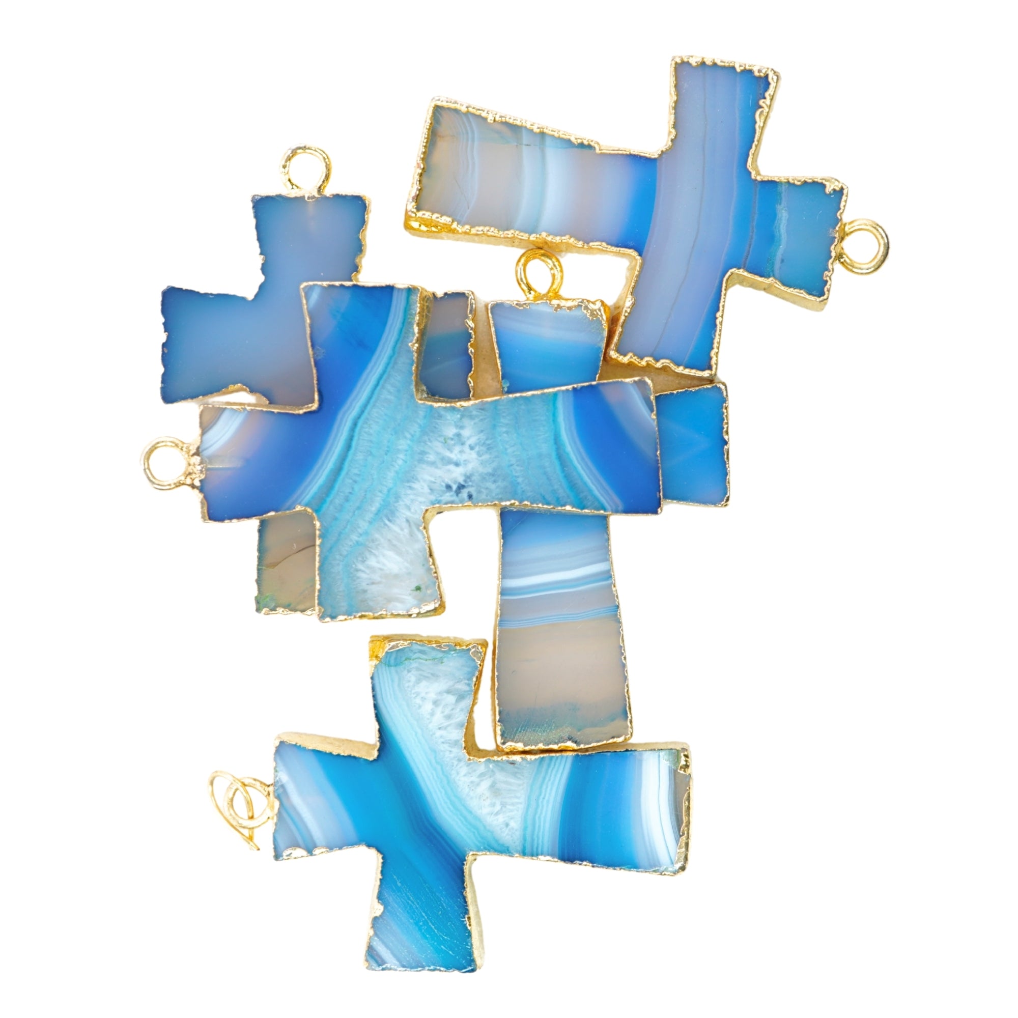 Persian Blue Banded Agate Chalcedony Cross Gemstone Gold Electroplate Charm Pendant