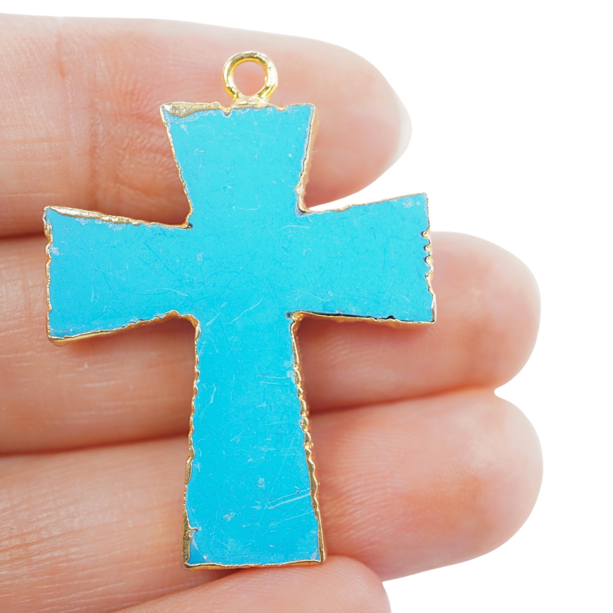 Turquoise Manmade Cross Shape Gemstone Gold Electroplate Charm Pendant