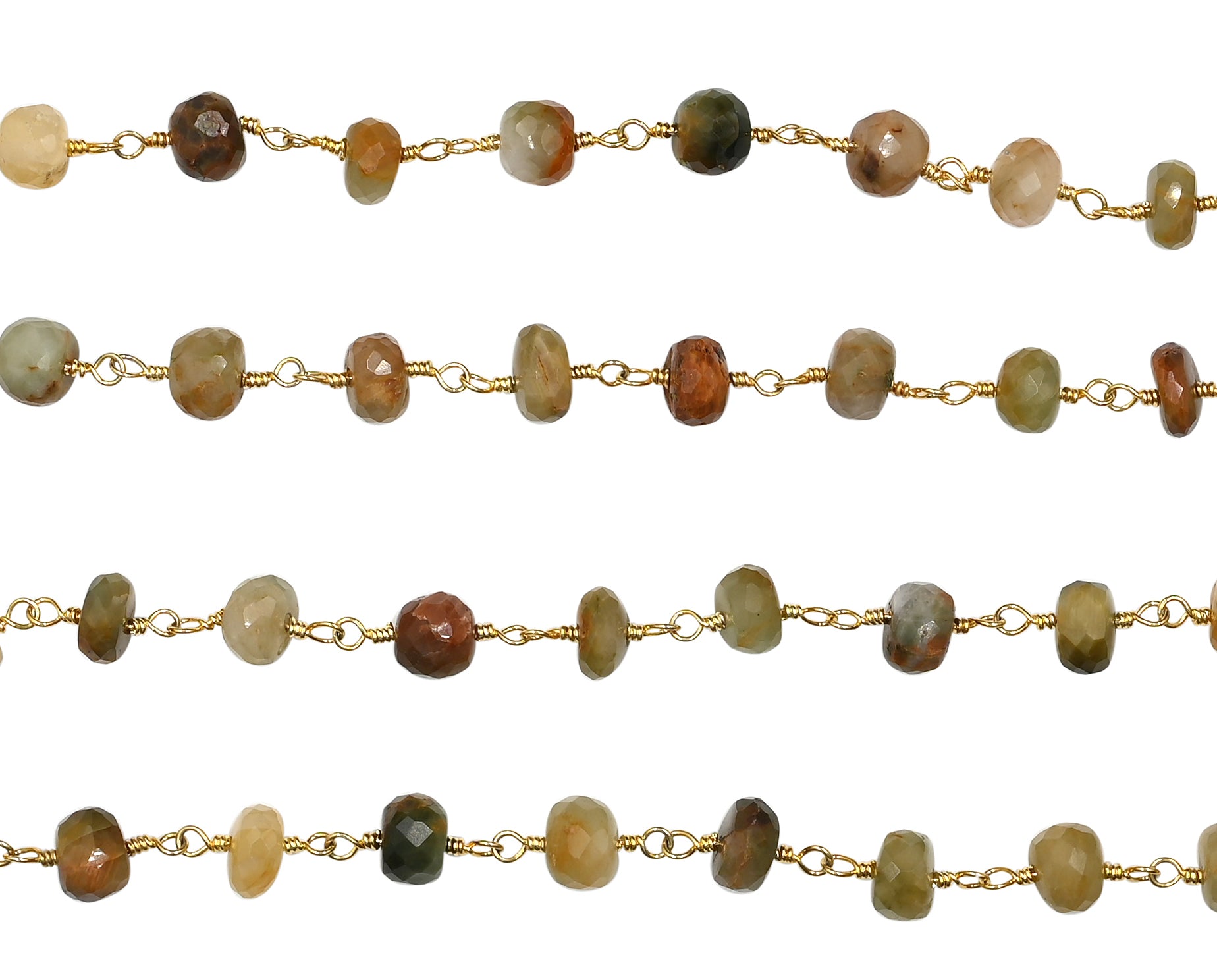 Cat's Eye Faceted Rondelle Brass Gold Plated Wire Wrapped Chain Sold by Foot