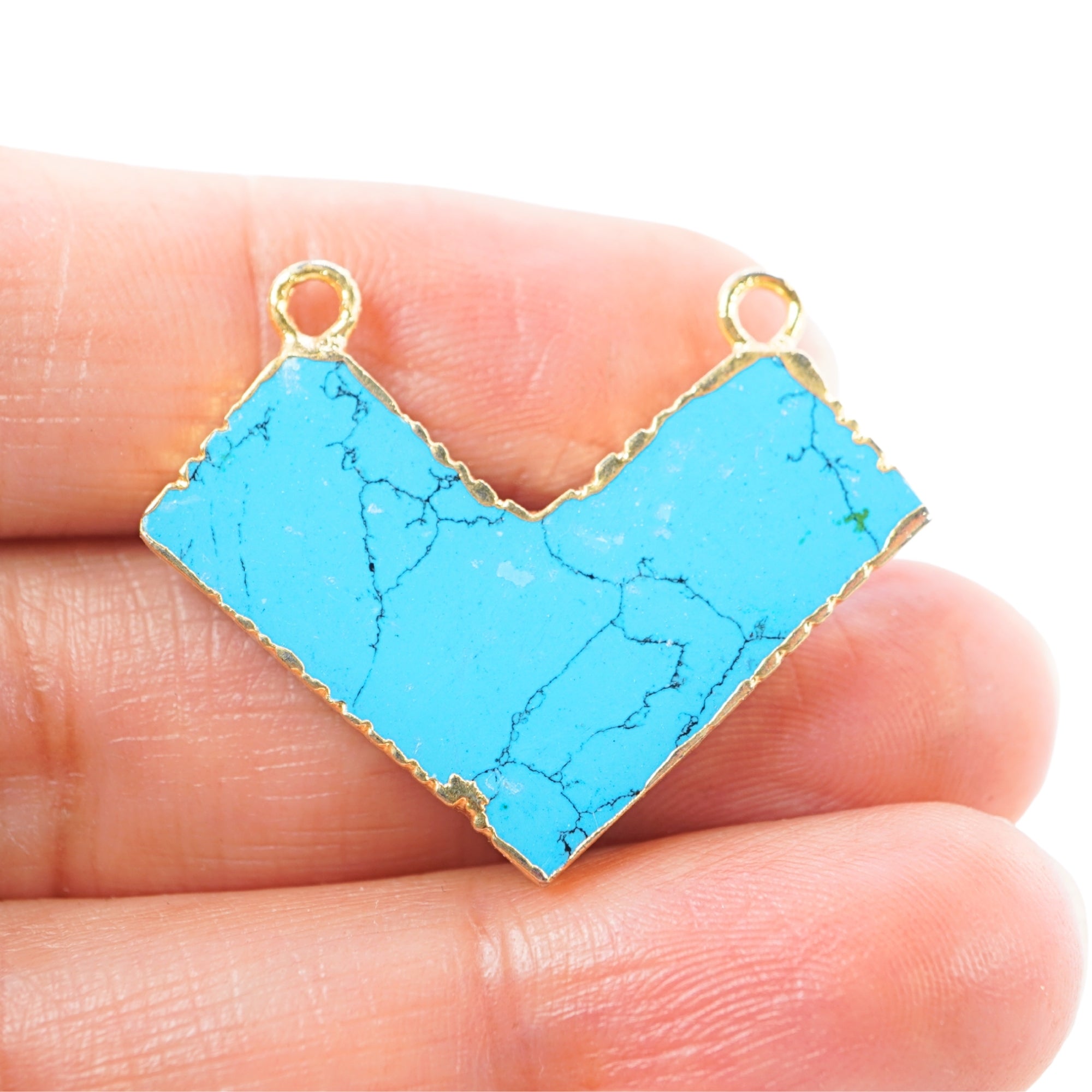 Turquoise With Black Matrix Manmade Chevron Shape Gemstone Gold Electroplated Double Bail Charm Pendant