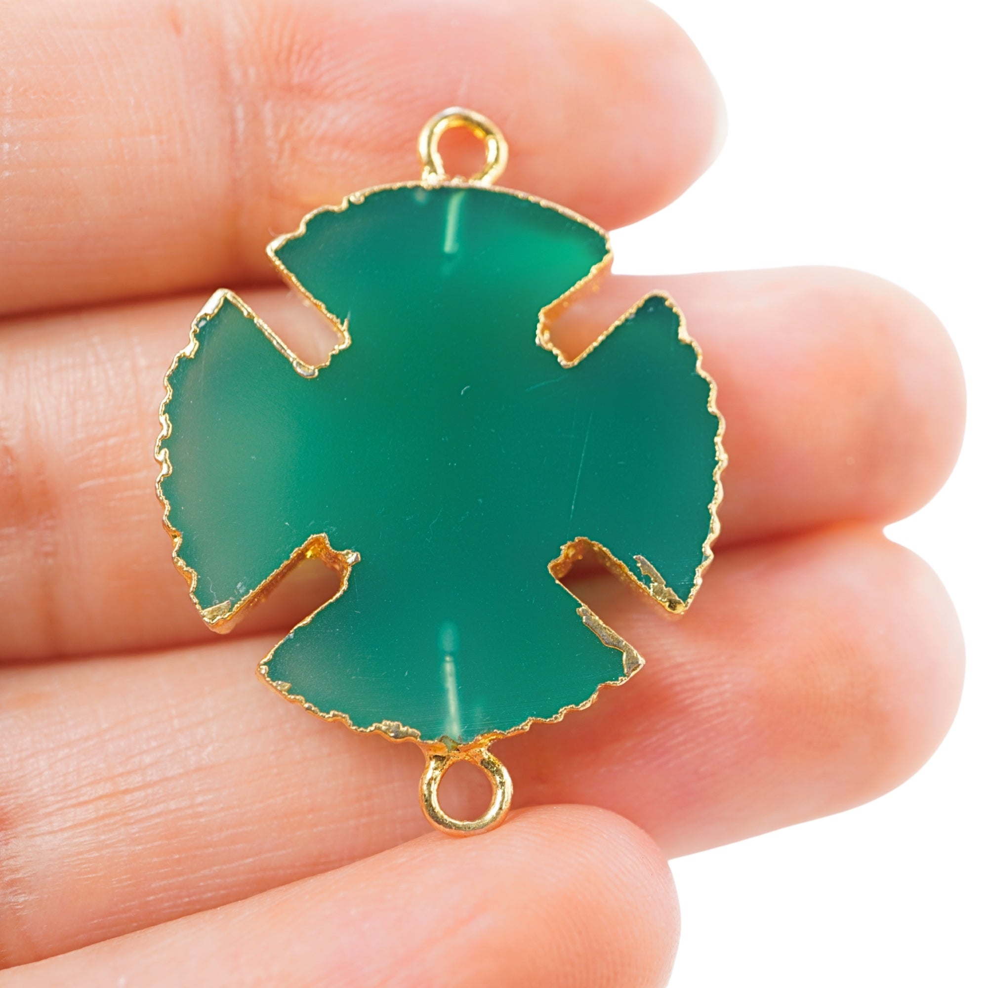Green Chalcedony Viking Cross Shape Gemstone Gold Electroplated Charm Connector