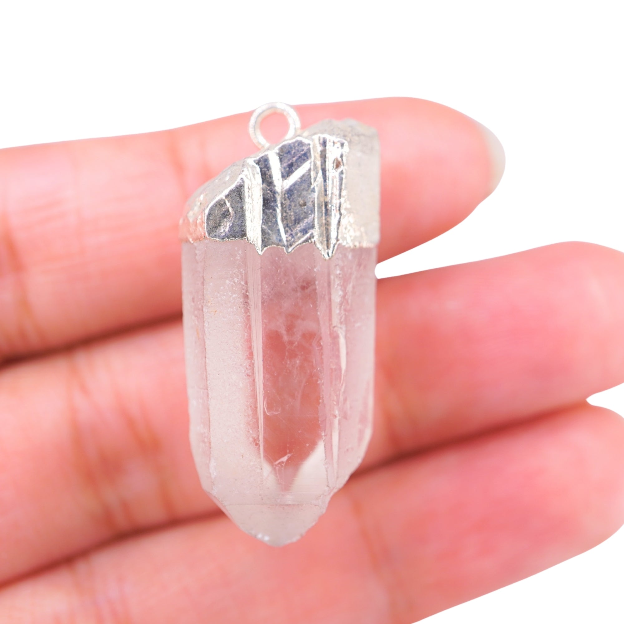 Crystal Quartz Point Gemstone Silver Electroplated Charm Pendant