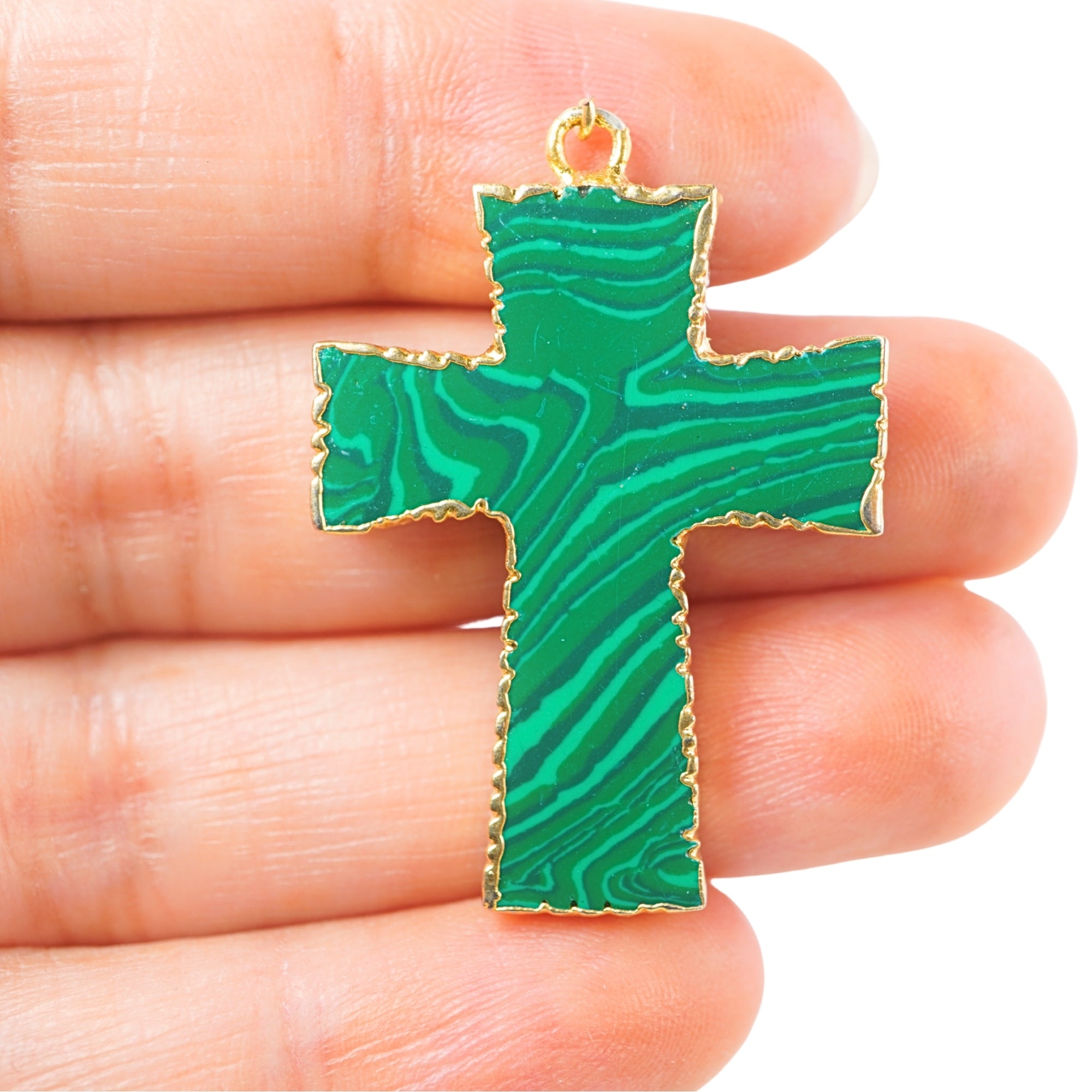 Malachite Smooth Cross Shape Gemstone Gold Electroplate Charm Pendant