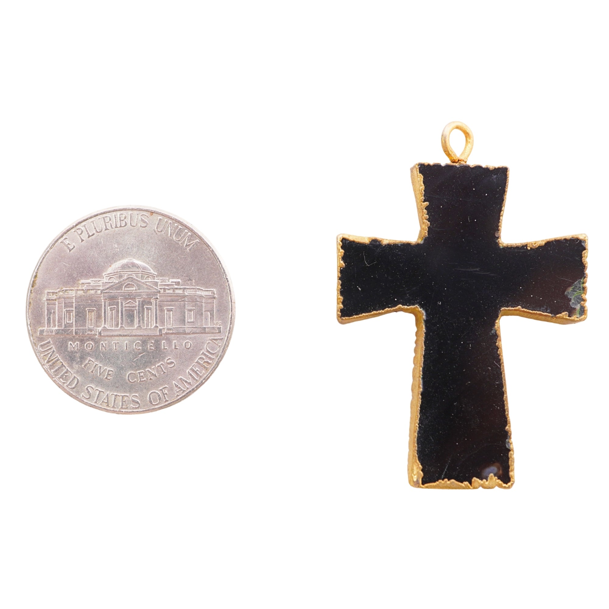 Black Banded Agate Cross Shape Gemstone Gold Electroplate Charm Pendant