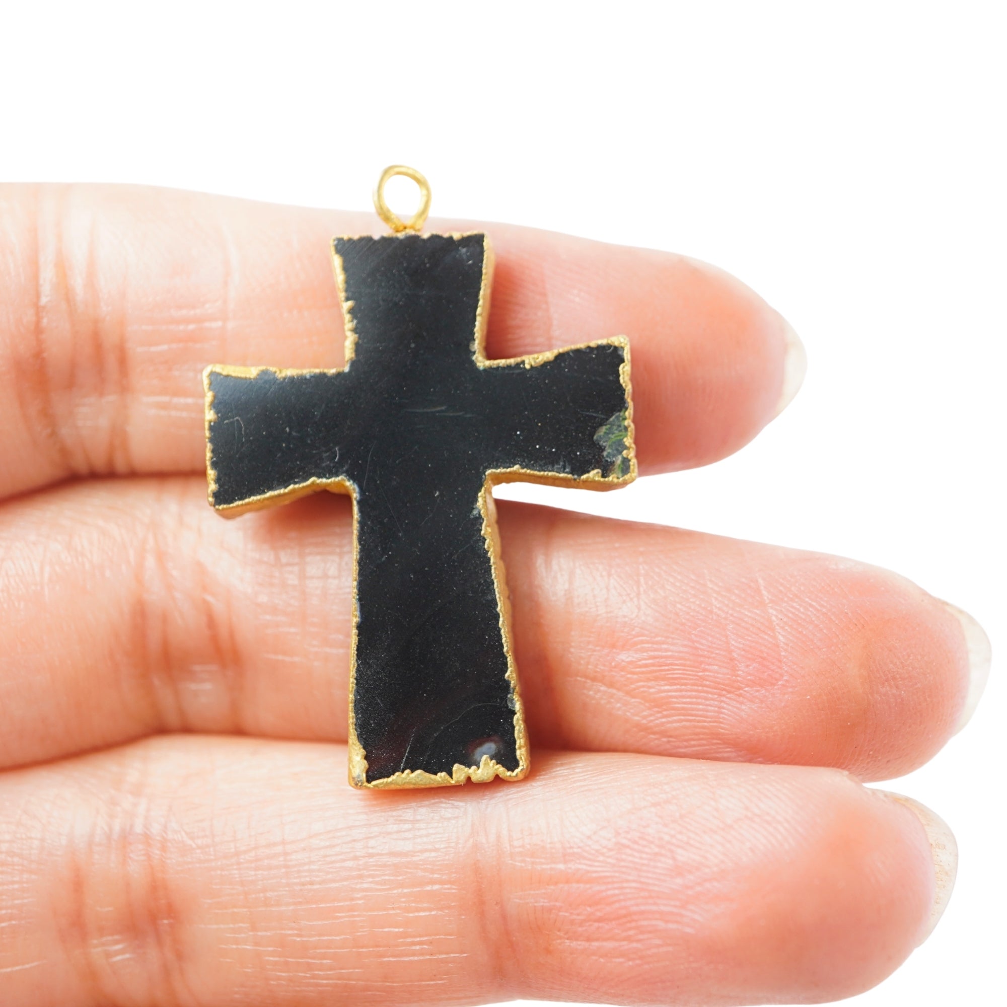 Black Banded Agate Cross Shape Gemstone Gold Electroplate Charm Pendant