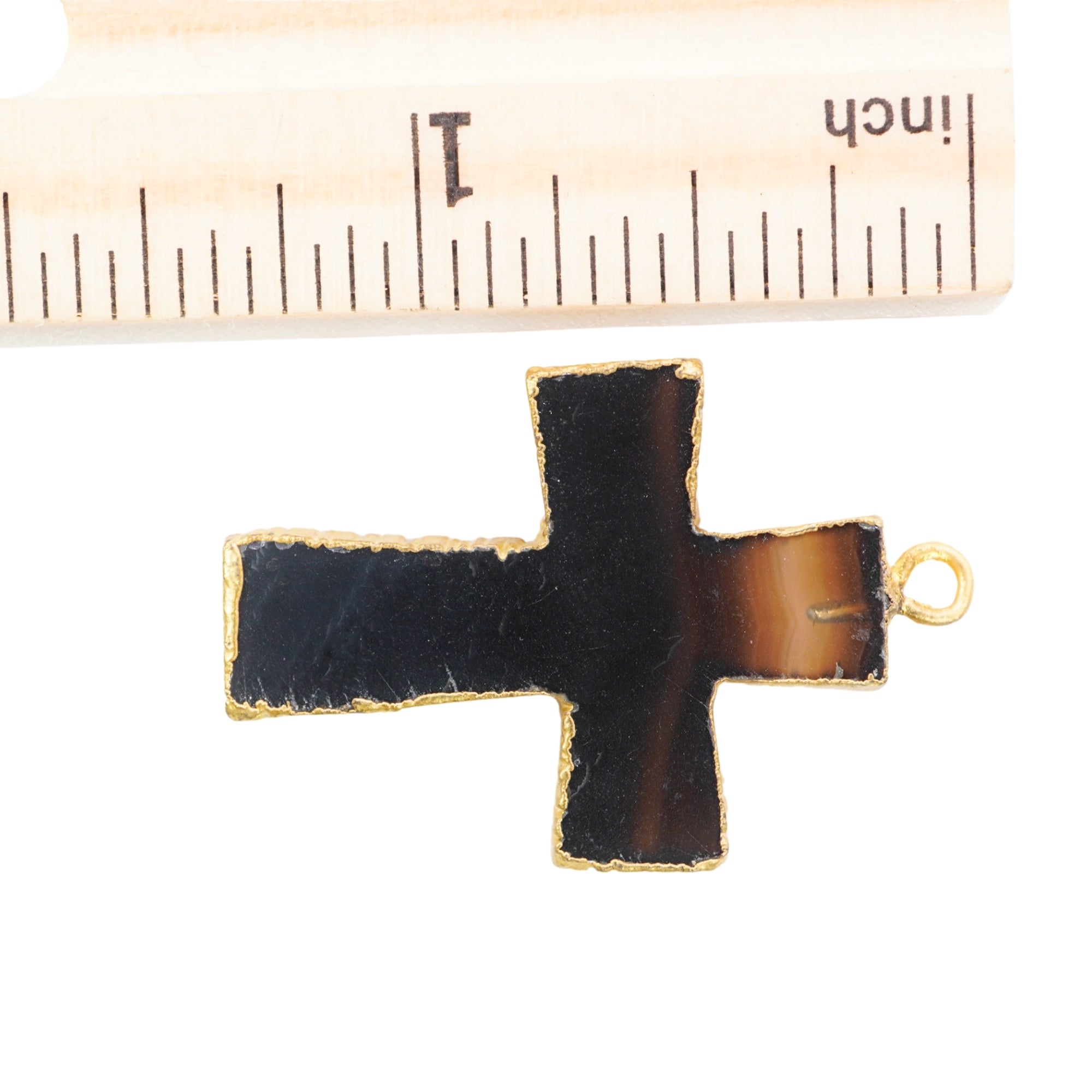 Black Banded Agate Cross Shape Gemstone Gold Electroplate Charm Pendant