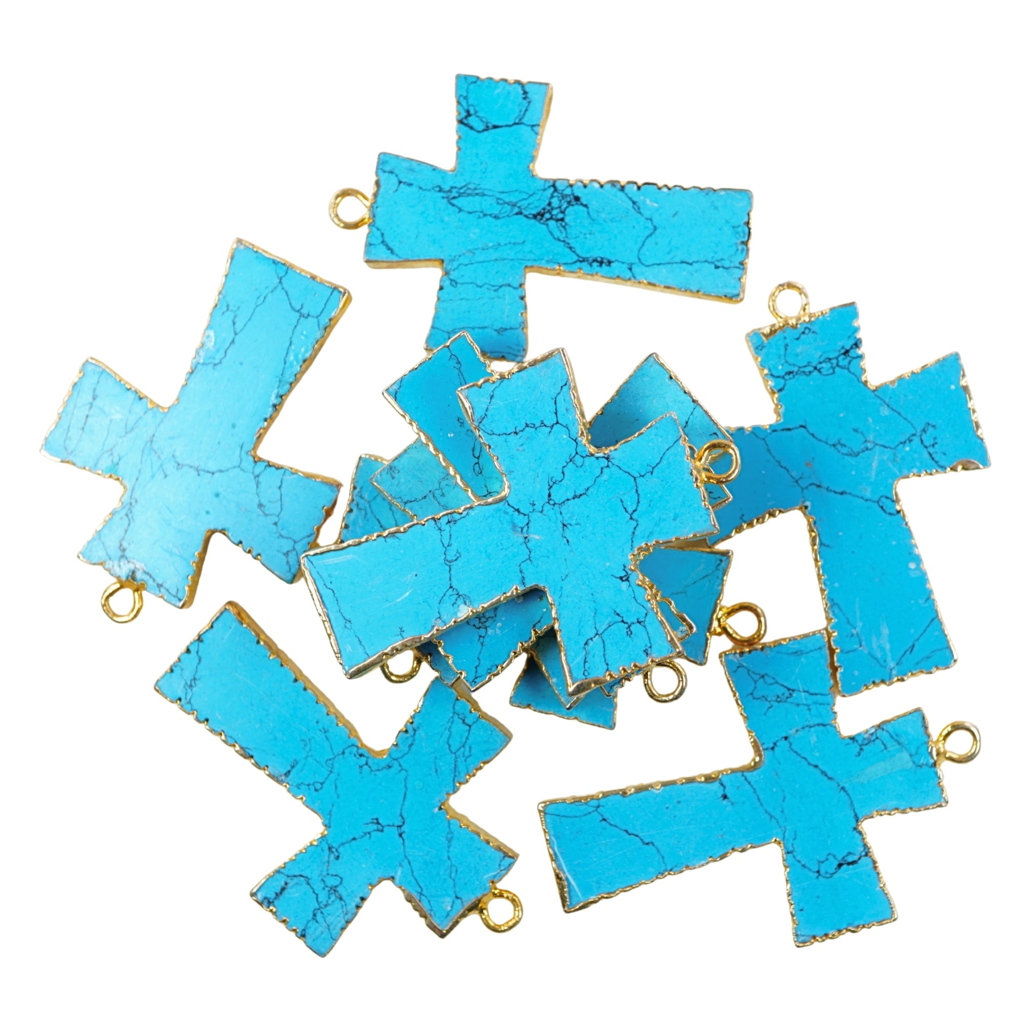 Turquoise With Matrix Cross Shape Gemstone Gold Electroplate Charm Pendant