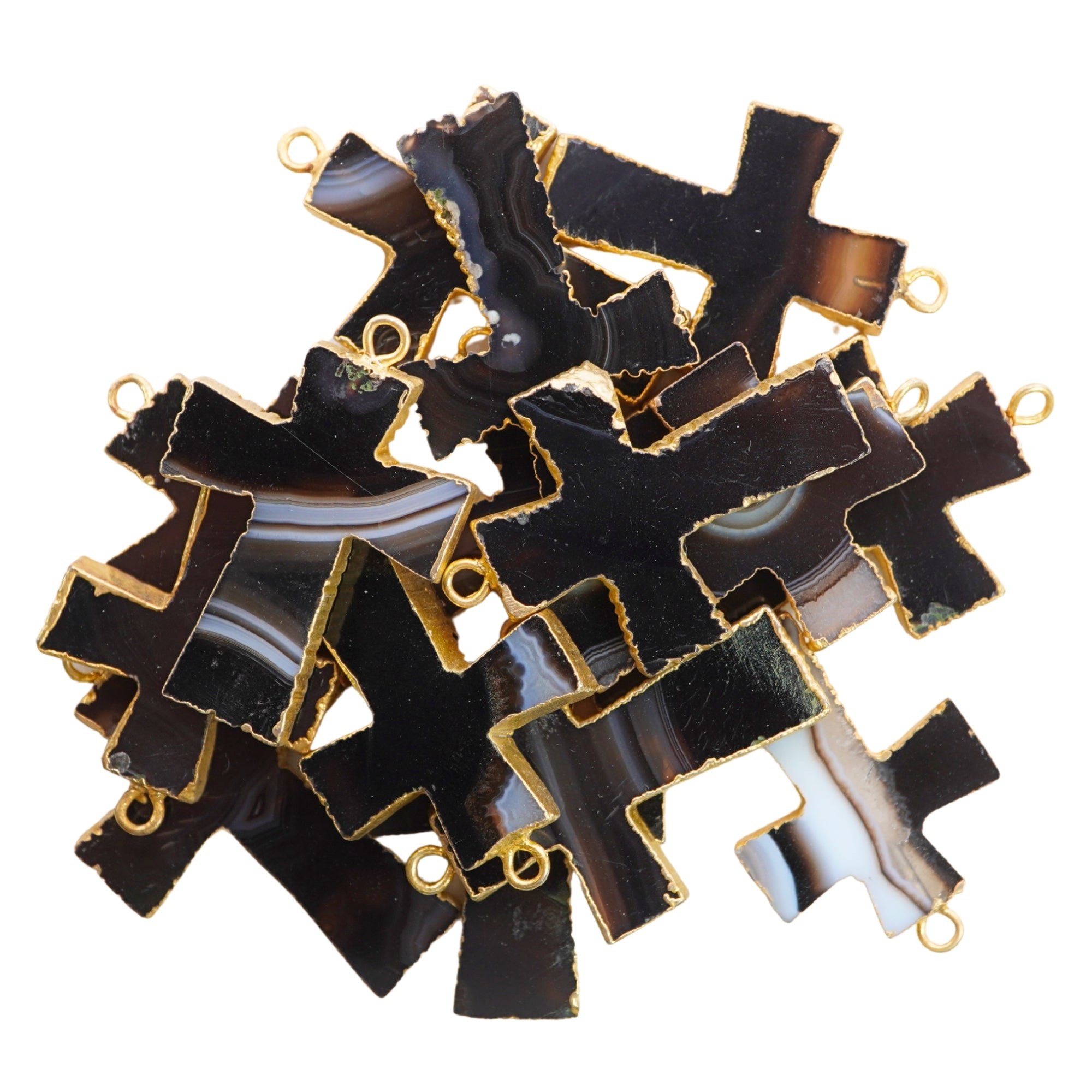 Black Banded Agate Cross Shape Gemstone Gold Electroplate Charm Pendant