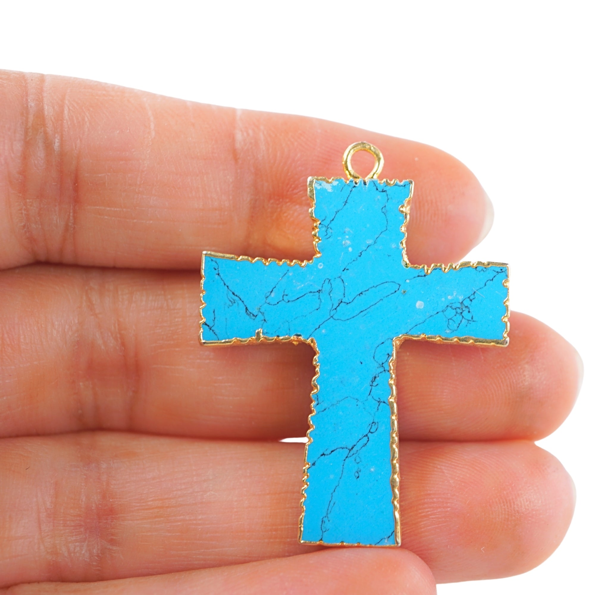 Turquoise With Matrix Cross Shape Gemstone Gold Electroplate Charm Pendant