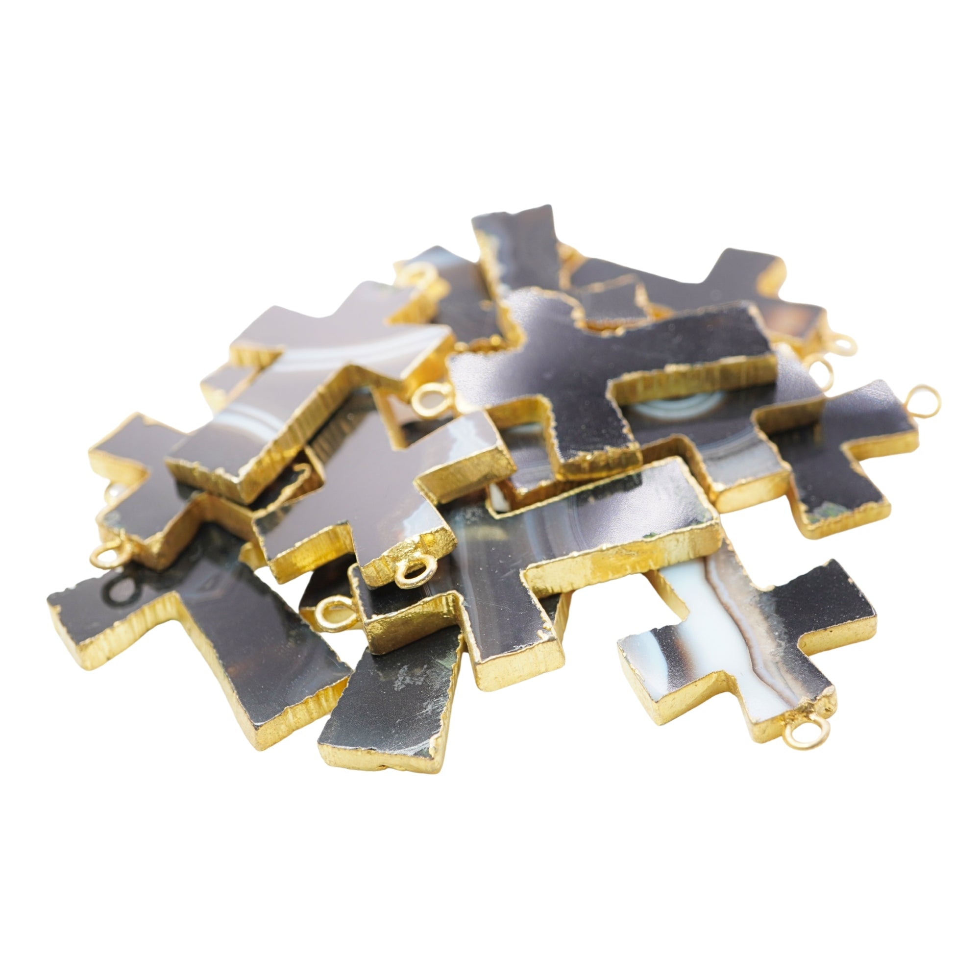 Black Banded Agate Cross Shape Gemstone Gold Electroplate Charm Pendant