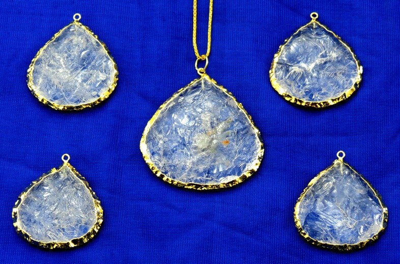 Crystal Quartz Hand Knapped Big Heart Gemstone Gold Electroplated Charm Pendant