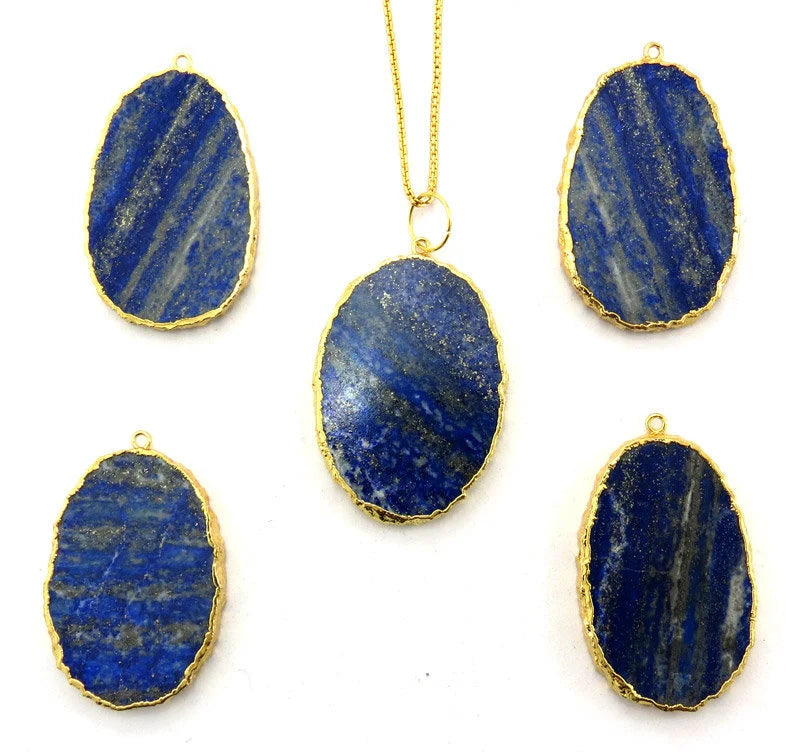 Lapis Lazuli Oval Shape Gemstone Gold Electroplated Charm Pendant