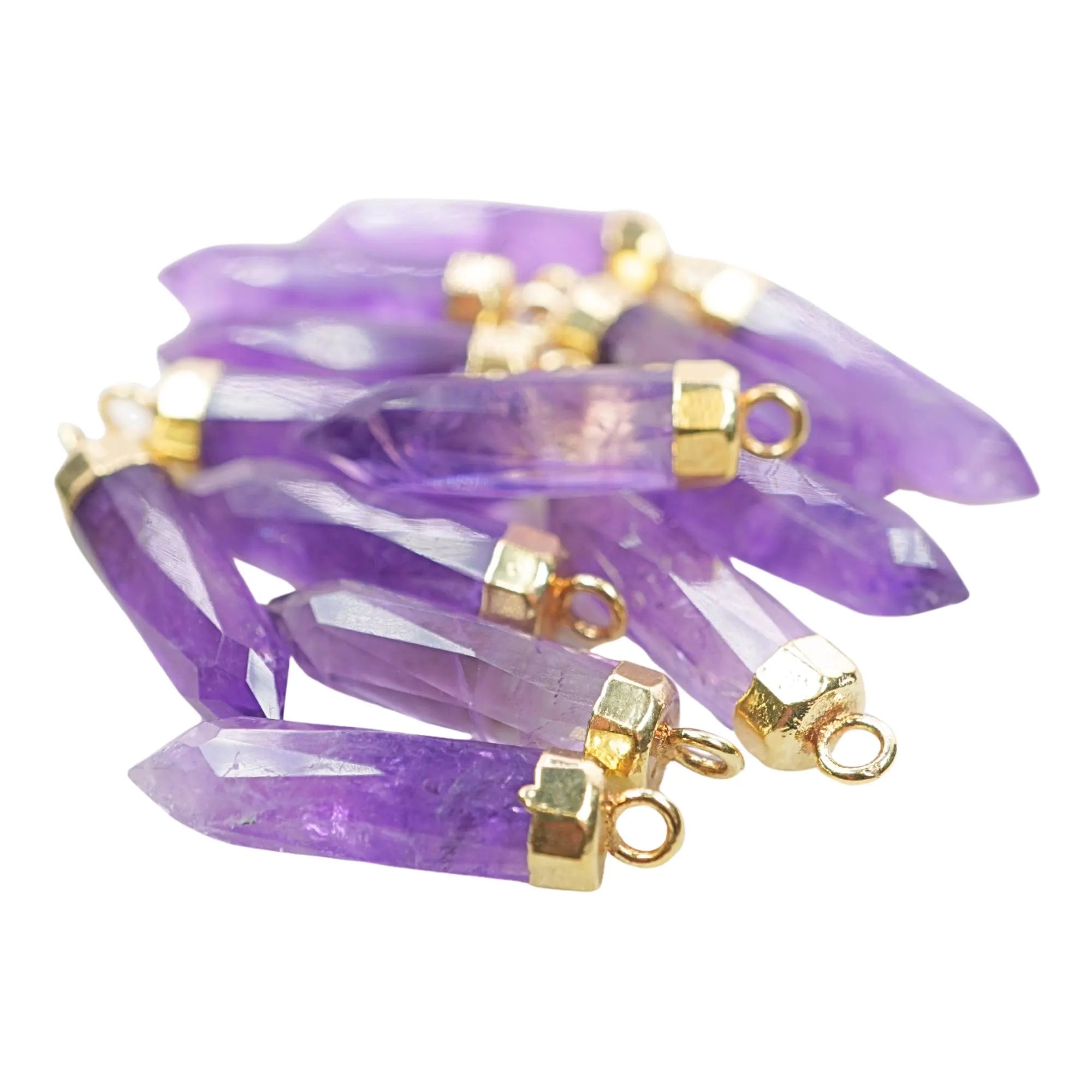 Amethyst Faceted Point Pencil Shape Gemstone Gold Electroplated Charm Pendant