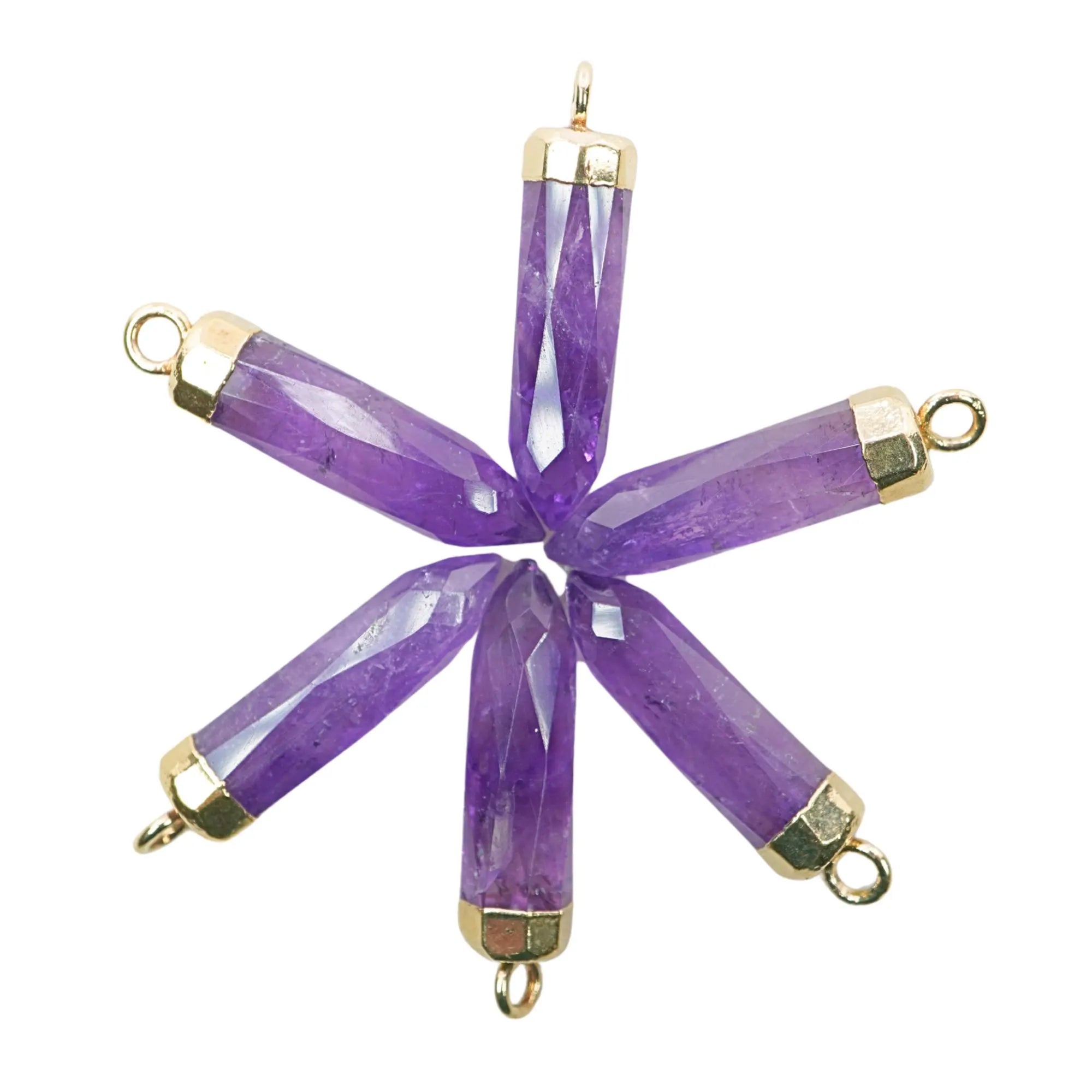Amethyst Faceted Point Pencil Shape Gemstone Gold Electroplated Charm Pendant