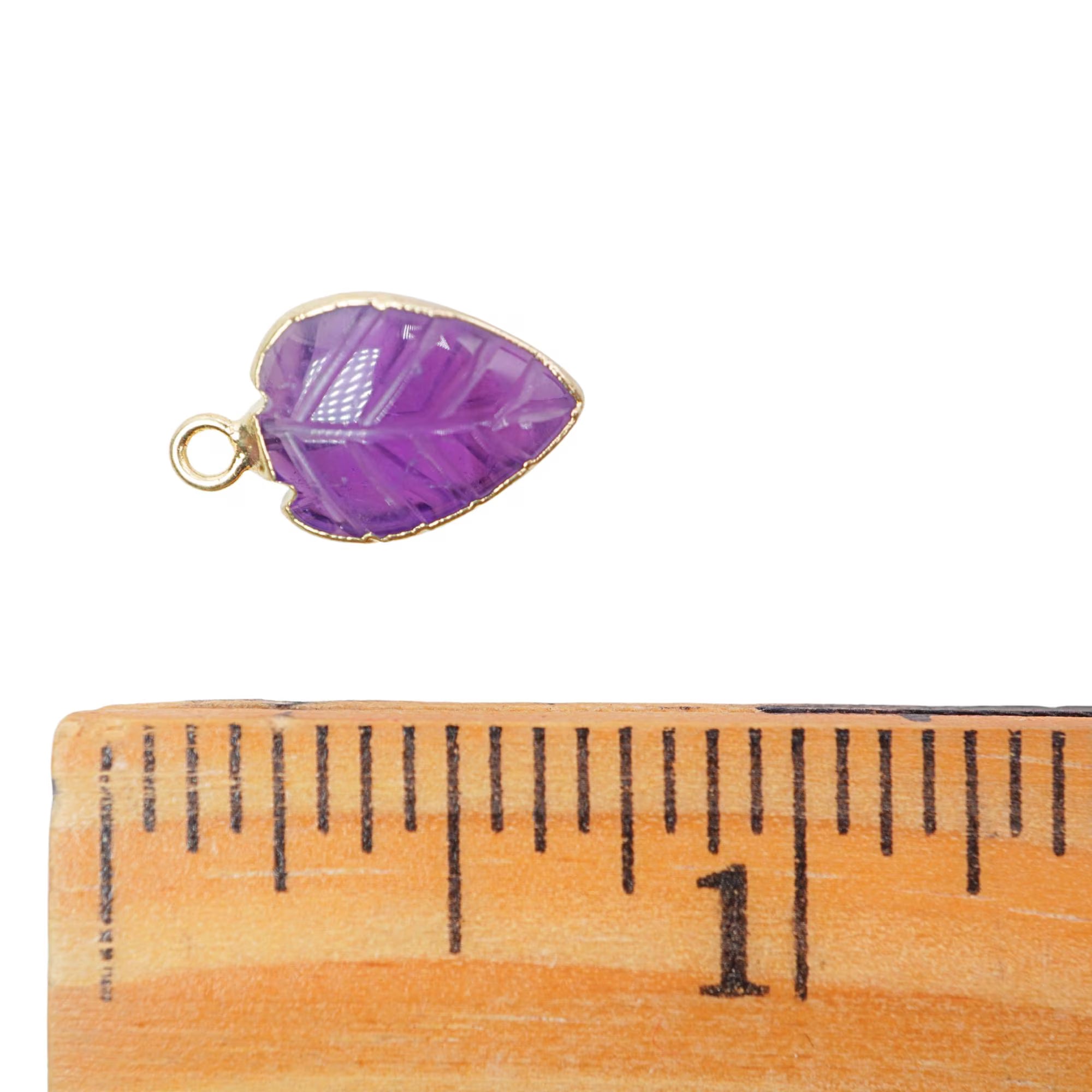 Amethyst Leaf Shape Carved Carving Gemstone Gold Electroplated Charm Pendant
