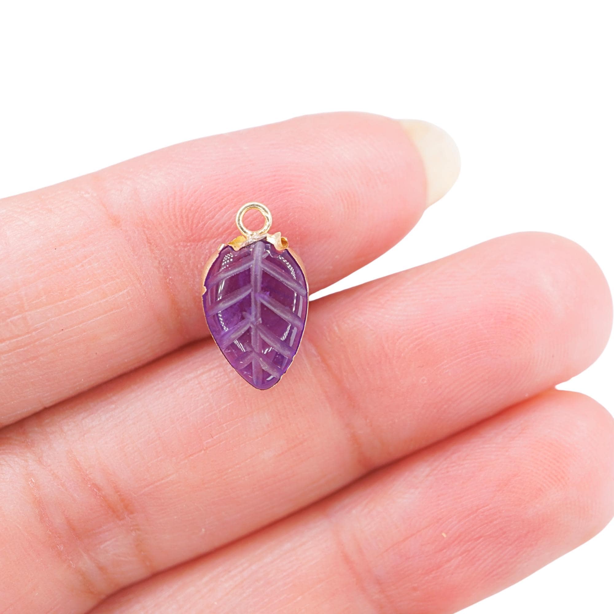 Amethyst Leaf Shape Carved Carving Gemstone Gold Electroplated Charm Pendant