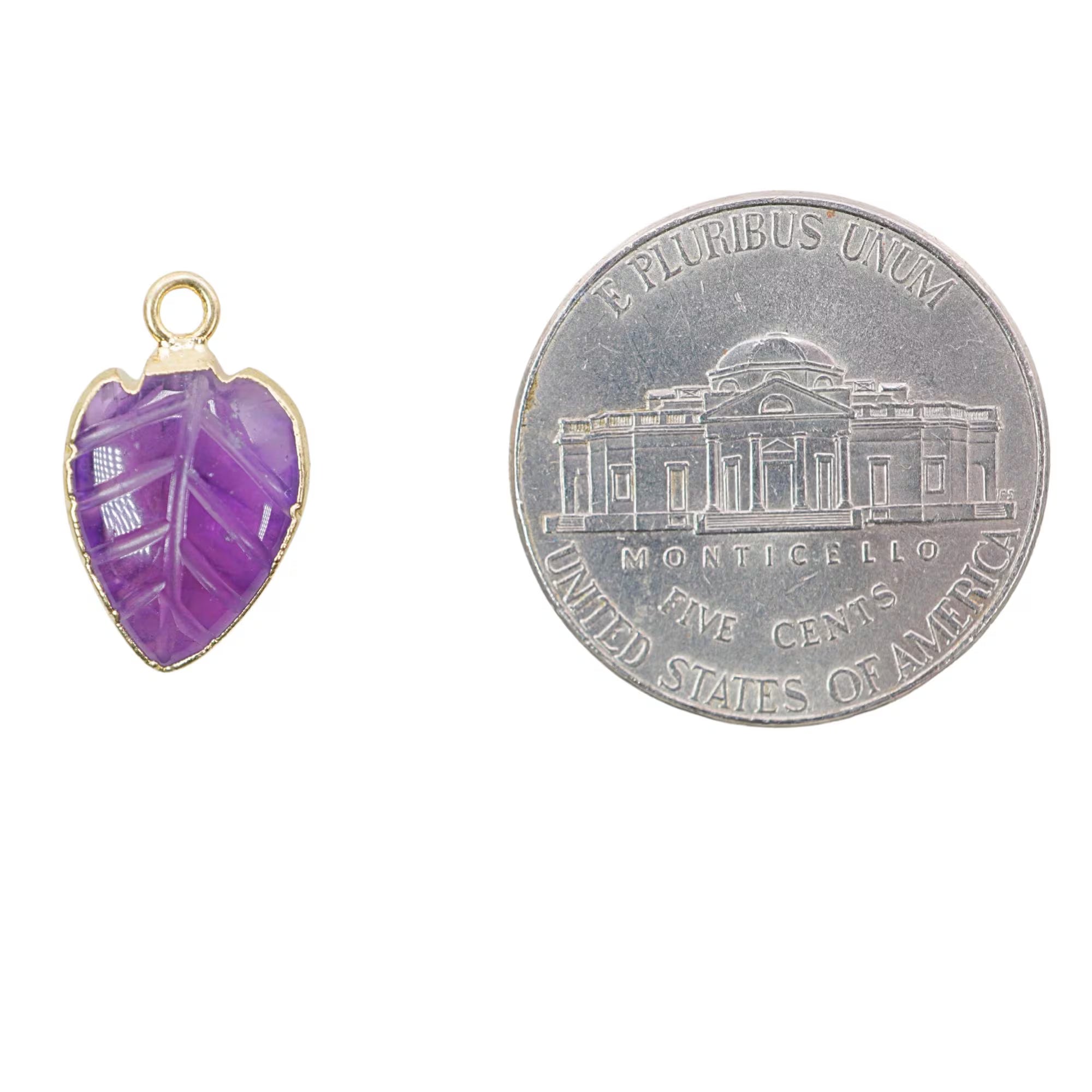 Amethyst Leaf Shape Carved Carving Gemstone Gold Electroplated Charm Pendant