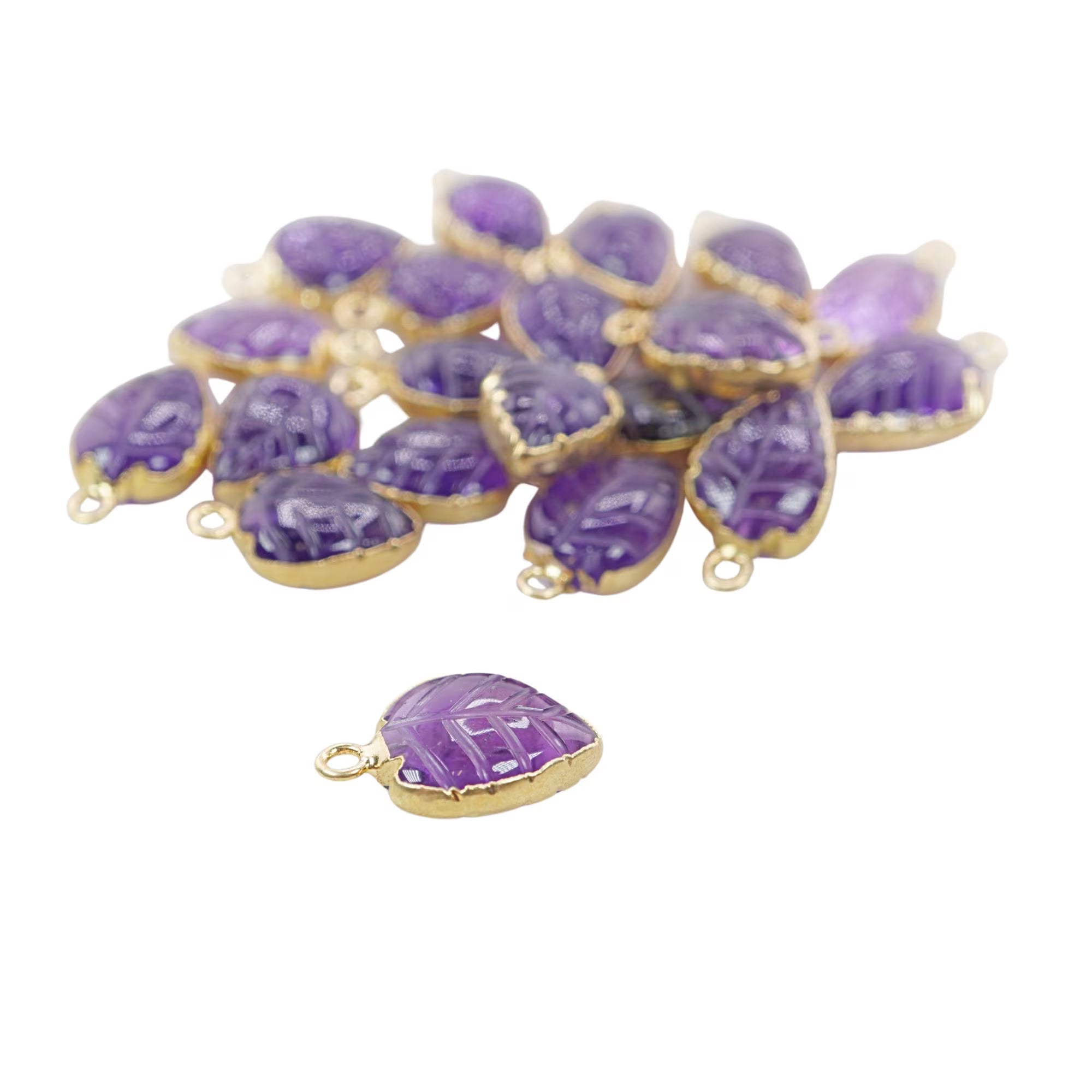 Amethyst Leaf Shape Carved Carving Gemstone Gold Electroplated Charm Pendant