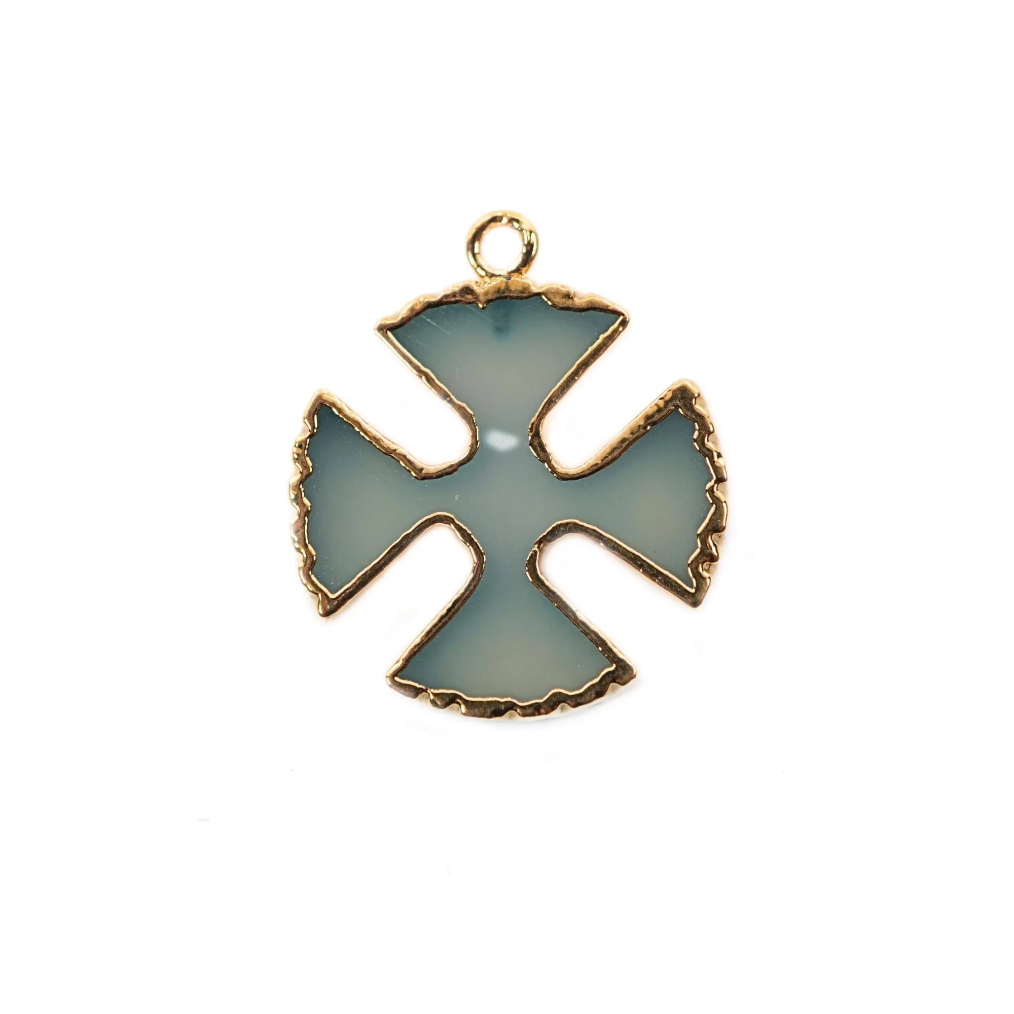 Aqua Chalcedony Viking Cross Shape Gemstone Gold Electroplated Charm Pendant