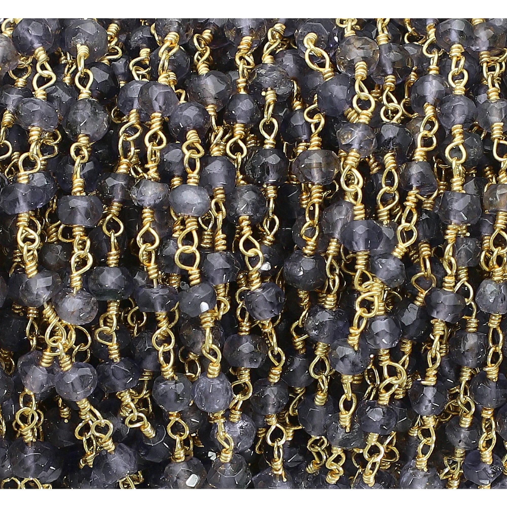 Iolite Faceted Gemstone Gold Plated Brass Rosary Beads Chain