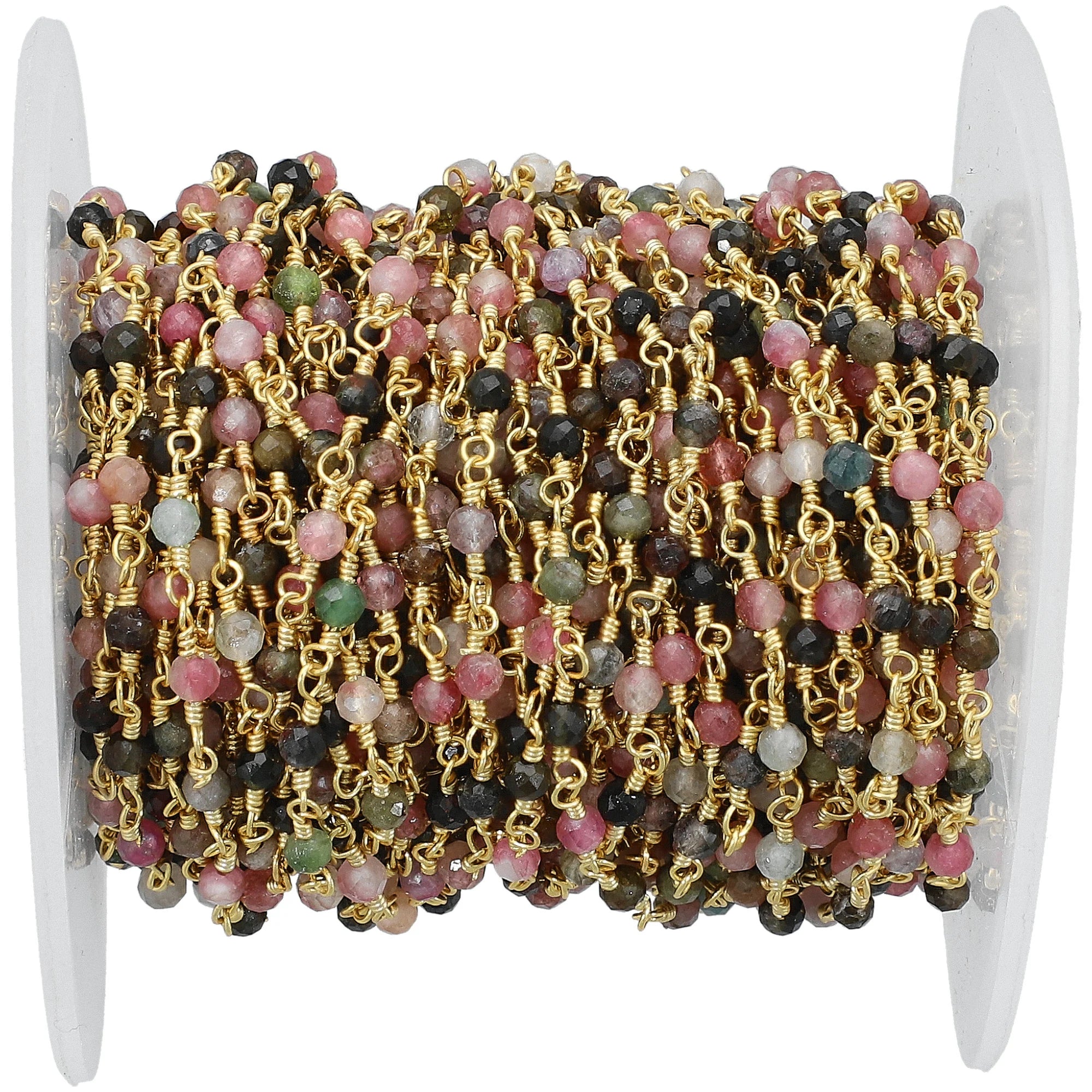 Multi Tourmaline Gemstone Brass Gold Plated Rosary Beads Chain