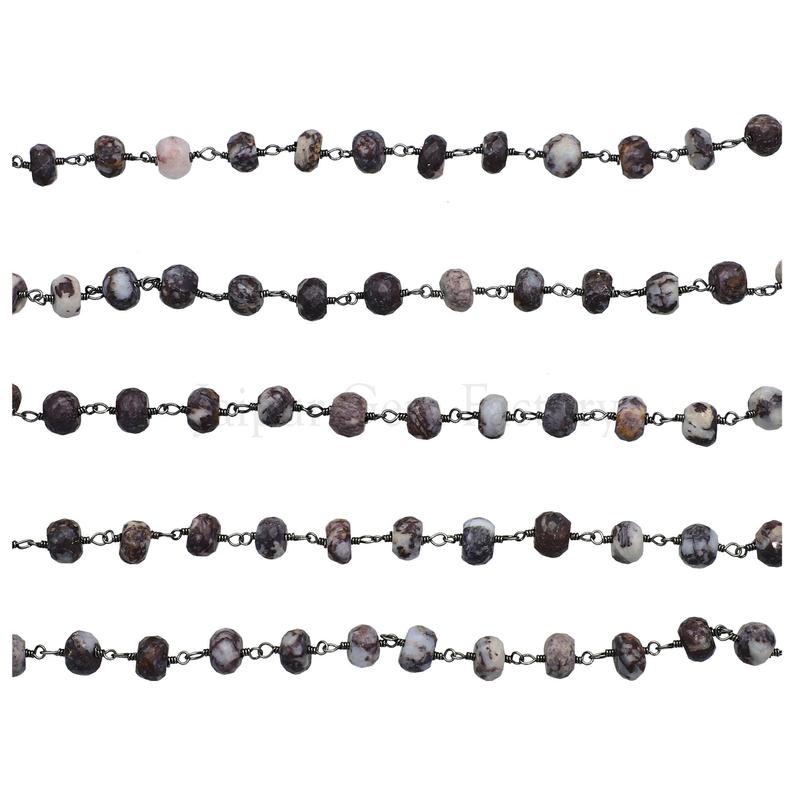 Jasper Faceted Rondelle 7 To 8 MM Brass Black Oxidized Plated Wire Wrapped Chain Sold by Foot