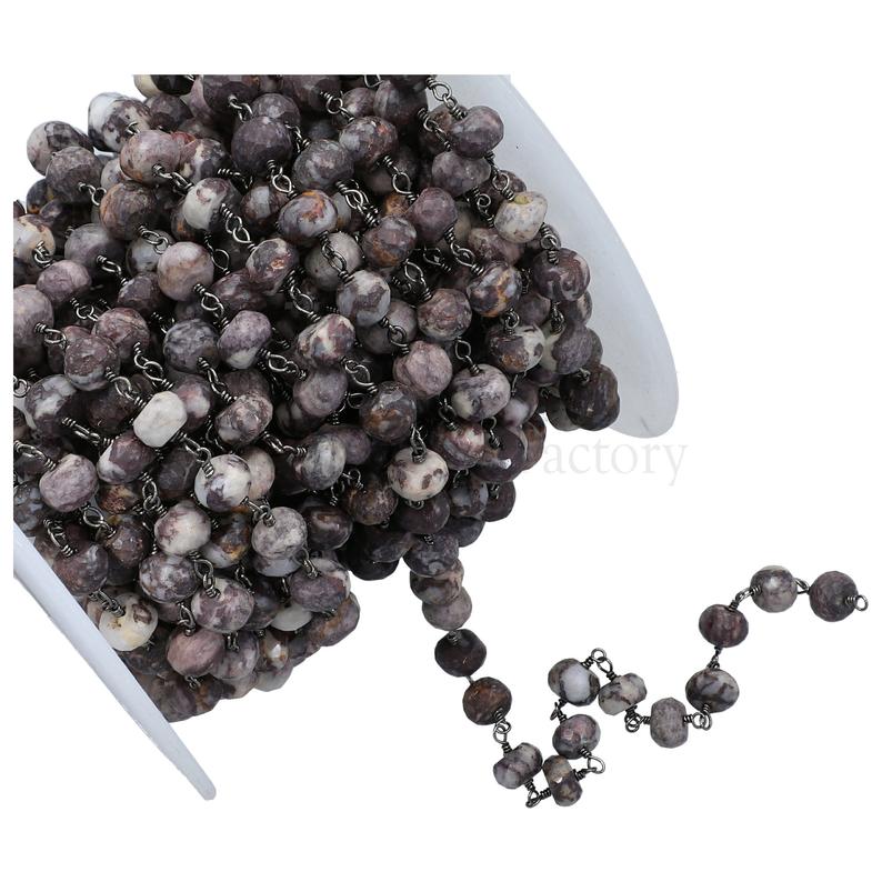 Jasper Faceted Rondelle 7 To 8 MM Brass Black Oxidized Plated Wire Wrapped Chain Sold by Foot