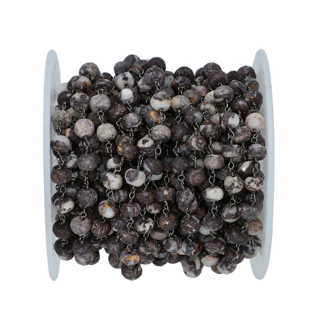 Jasper Faceted Rondelle 7 To 8 MM Brass Black Oxidized Plated Wire Wrapped Chain Sold by Foot