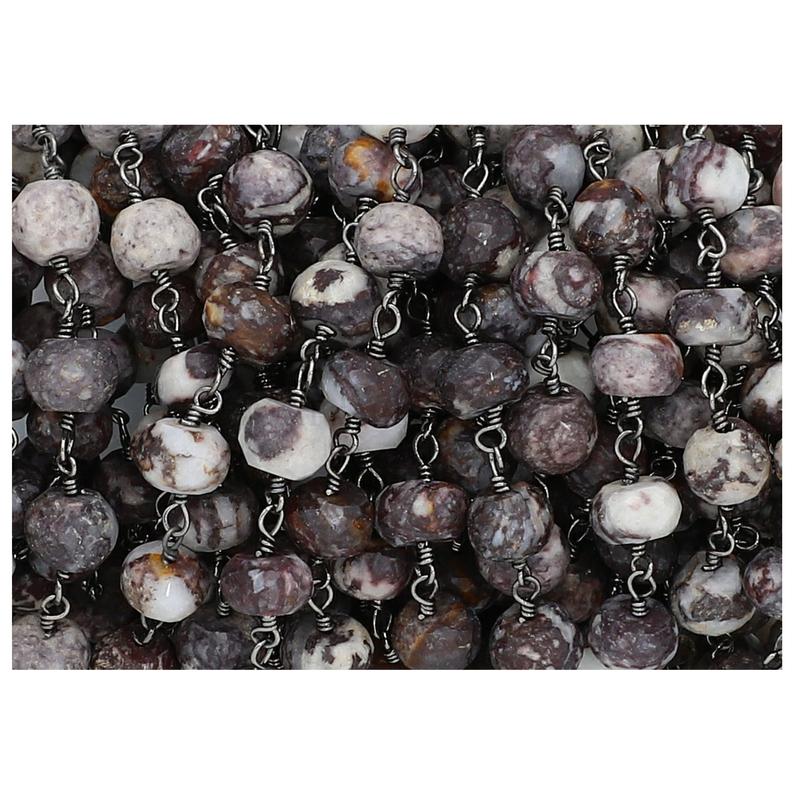 Jasper Faceted Rondelle 7 To 8 MM Brass Black Oxidized Plated Wire Wrapped Chain Sold by Foot