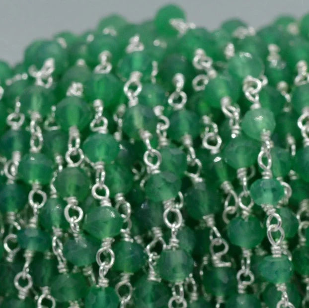 Green Onyx Gemstone Silver Plated Brass Wire Wrapped Rosary Chain