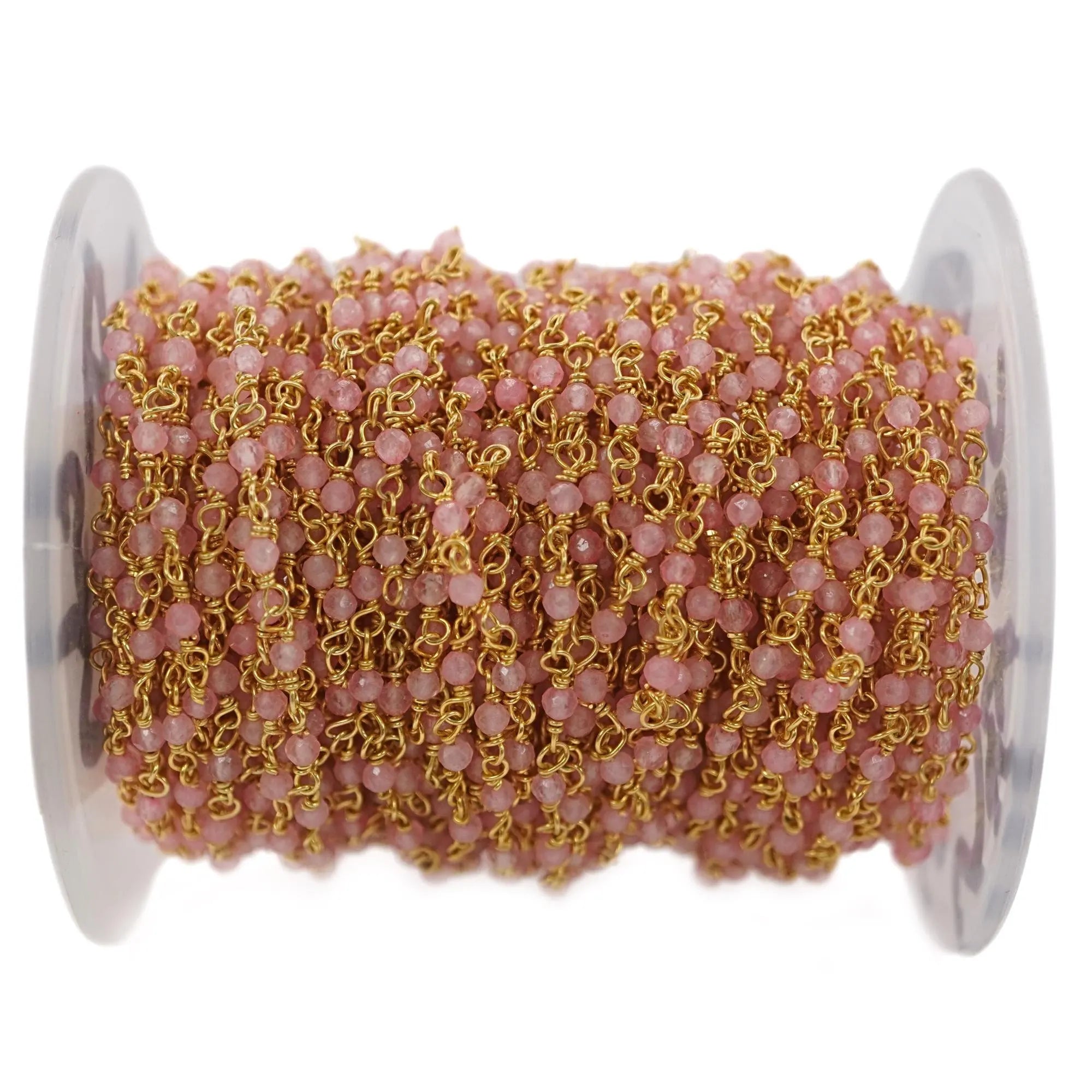 Pink Quartz Gold Plated Brass Wire Wrapped Rosary Bead Chain