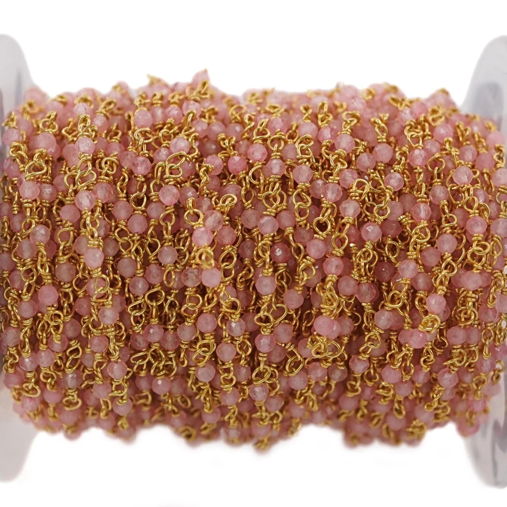 Pink Quartz Gold Plated Brass Wire Wrapped Rosary Bead Chain